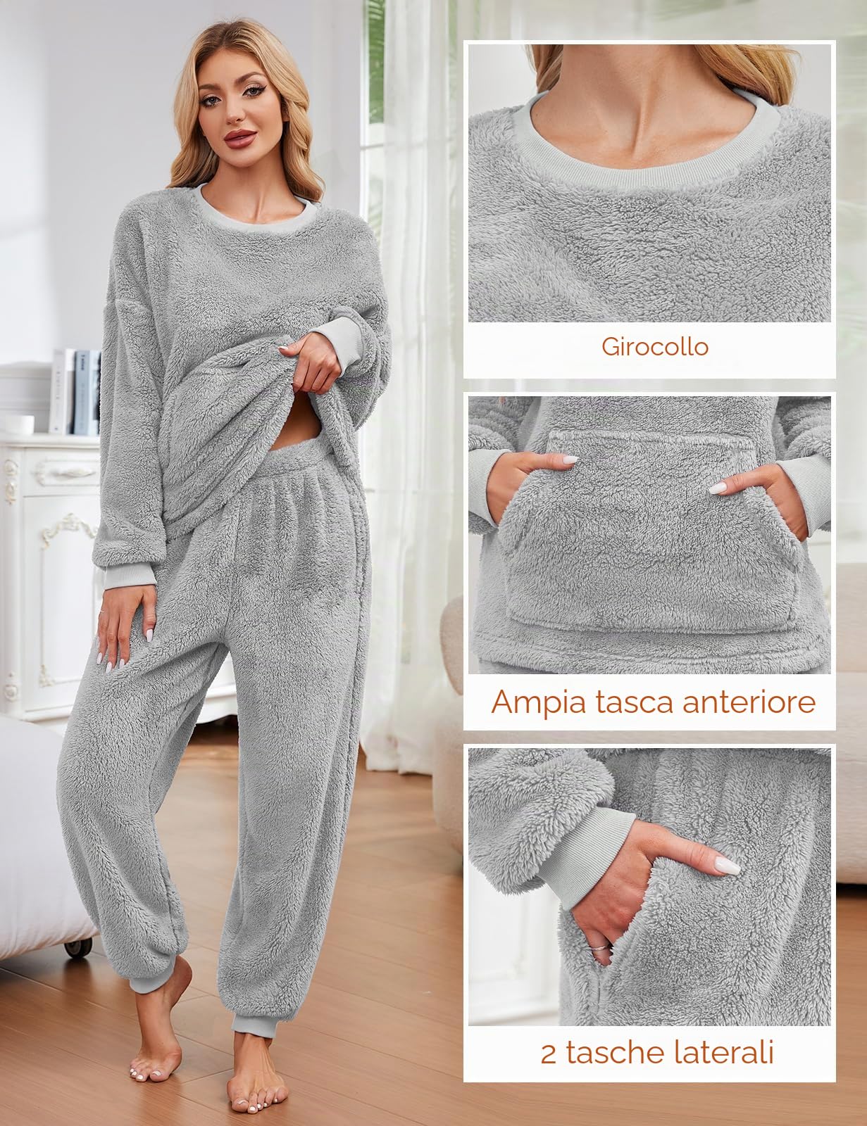 Niwicee Pigiama Donna Invernale Due Pezzi in Pile,Set Pigiami da Notte Felpato Top Manica Lunghe e Pantaloni Lungh con Tasche Pigiama Caldo da Casa per Lounge e Sleepwear S-XXL