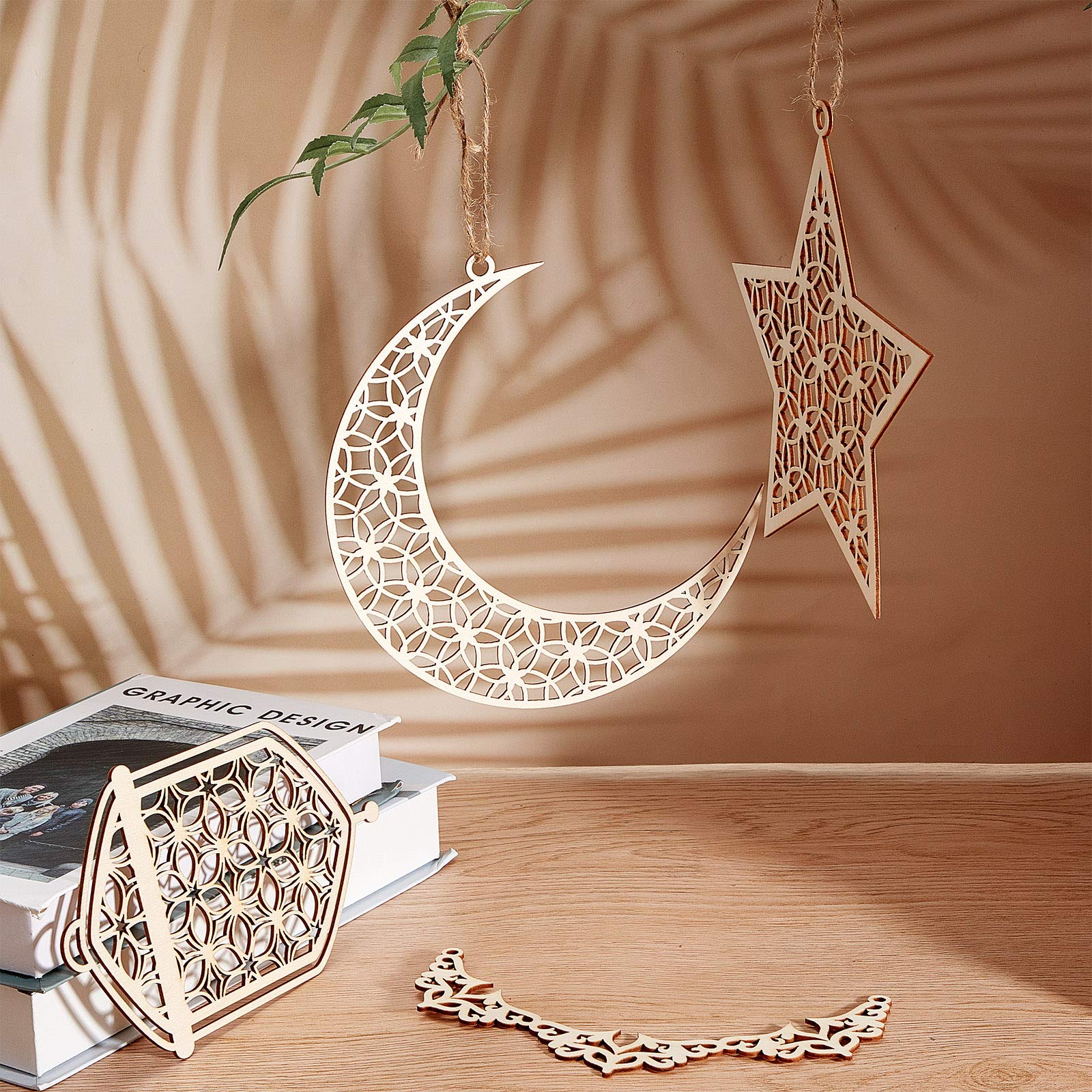 JAWSEU 6 stuks Houten Hanger Ornament, Eid Mubarak Ramadan Hangers met Opknoping Maan Ster Ornament voor Eid Mubarak Thuis Bruiloft Party Decor