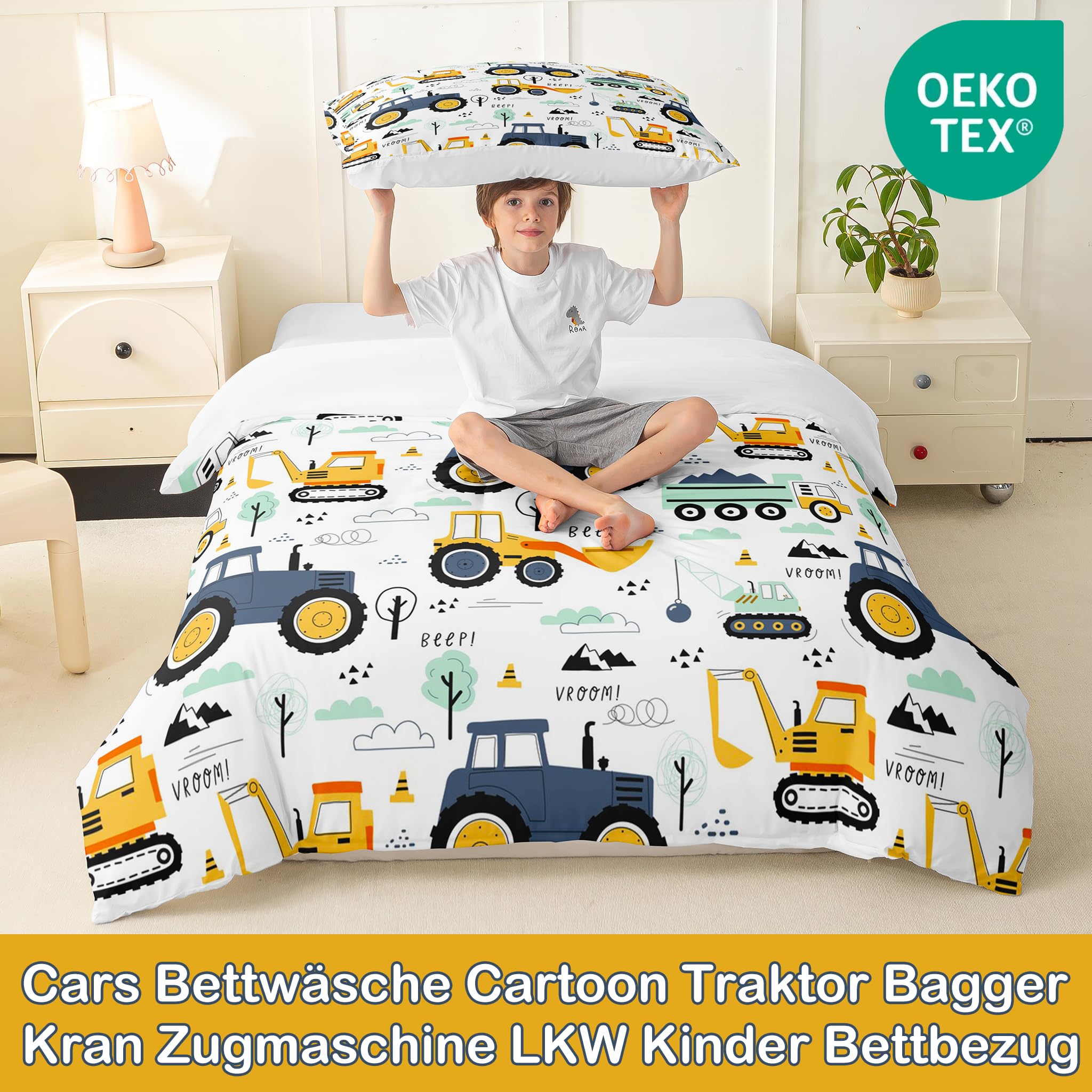 Homewish Bagger Bettwäsche Kinder 155X220, Cartoon Auto für Mädchen Jungen Jugendliche Bettbezug Süß Auto Muster LKW Traktor Wendebettwäsche Schlafzimmer Dekor Mikrofaser Mit 80X80 Kissenbezug
