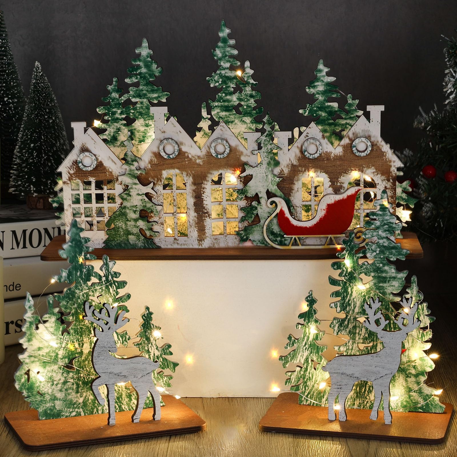 Lot de 3 décorations de village de Noël en bois rustique avec panneau « Merry Christmas » - Assemblage d'hiver enneigé - Ensemble de loisirs créatifs avec traîneau vintage en pin - Centre de table