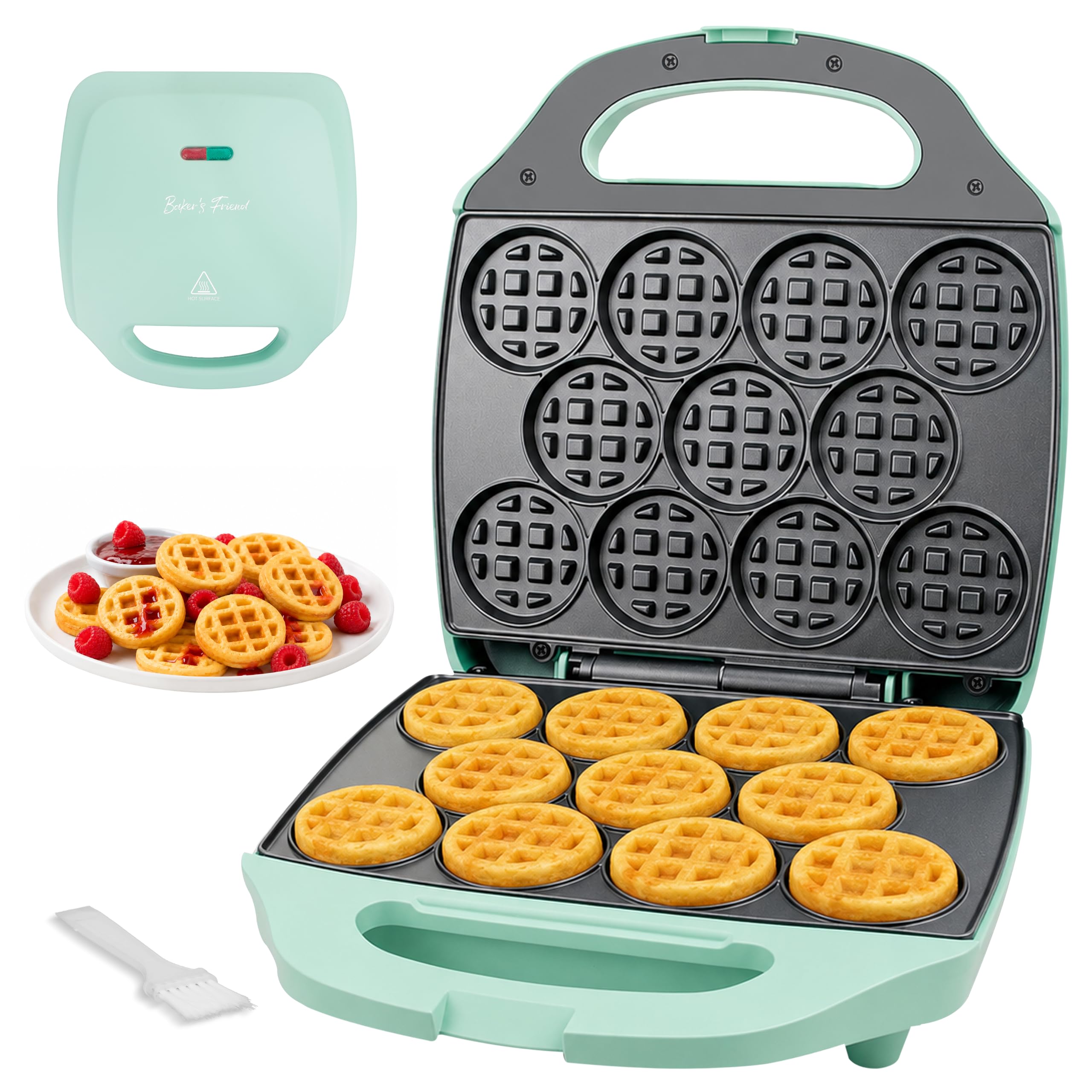 Baker's Friend, Bite-size Mini Waffle Maker for Kids &amp; Adults, Small Waffle Maker Mini Belgian Waffle Machine, 11 X 2.2” Tiny Nonstick Waffles Iron, Recipe Included, Aqua