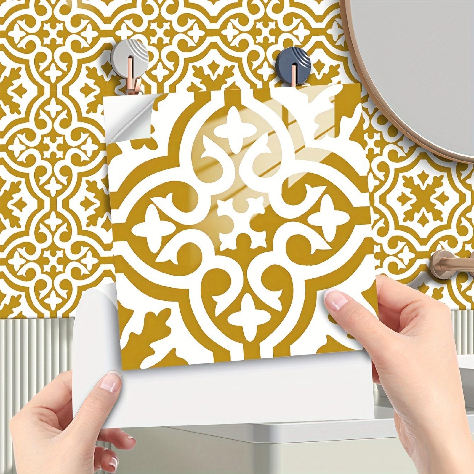 Retro Tile Stickers 10/15/20/30cm, 10Pcs Self-Adhesive Moroccan Wall Tiles, Waterproof Peel & Stick Vinyl for Kitchen Splashback Bathroom Floor Stairs (30x30cm-10pcs,FMB-654)