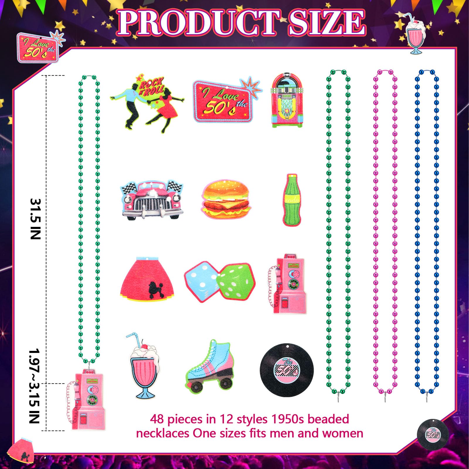 Ecally 48 Pack 50s Party Beaded Necklaces Bulk 1950s Rock and Roll Necklaces Blue Green and Rose Red Beaded Necklace for 50s 60s Theme Party Favor Carnival Birthday Mardi Gras Party Supplies,12 Styles