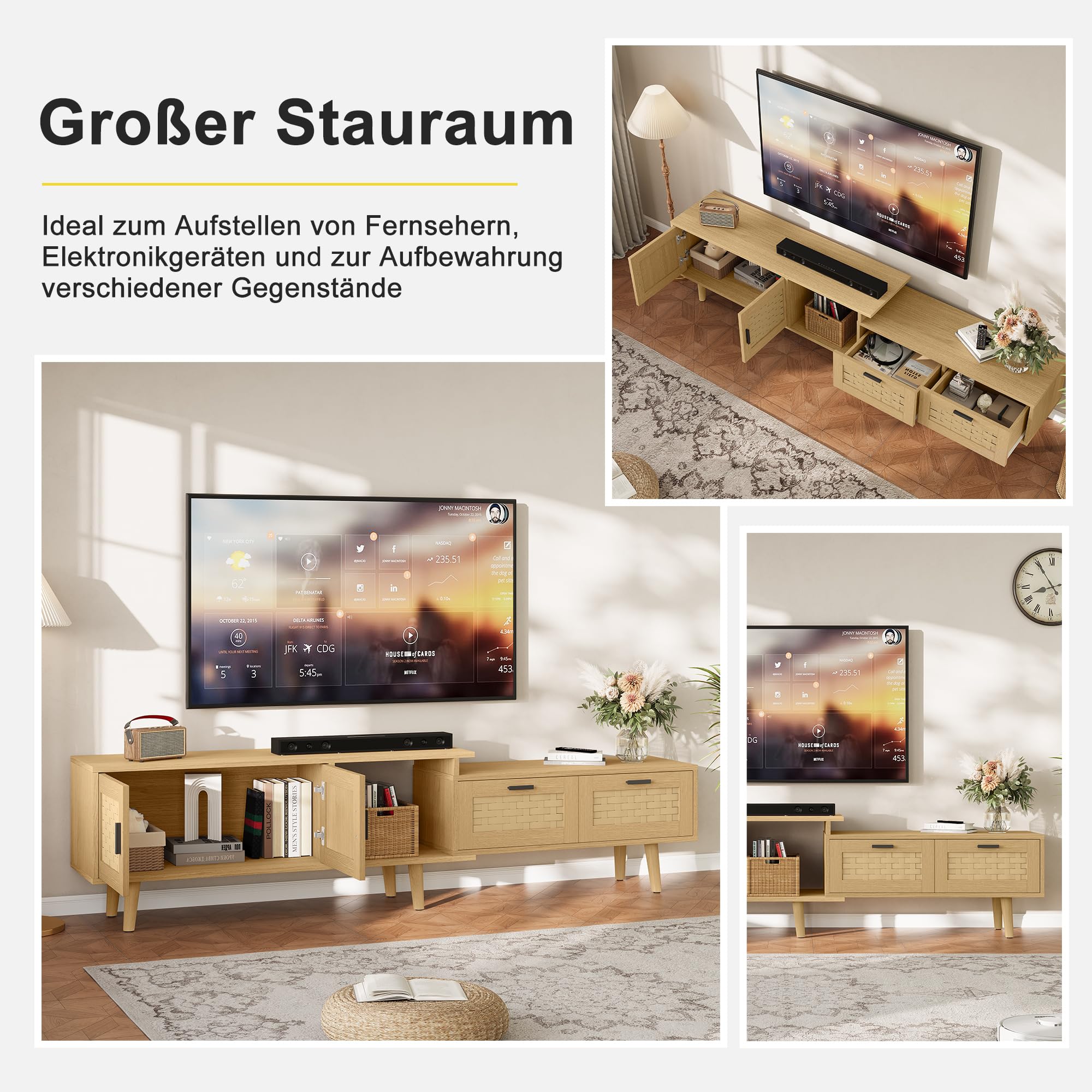 Mobile TV allungabile con 2 ante e 2 cassetti (146-180 cm), TV Lowboard, mobile TV, credenza TV, per soggiorno, camera da letto, TV fino a 75 pollici (rovere)