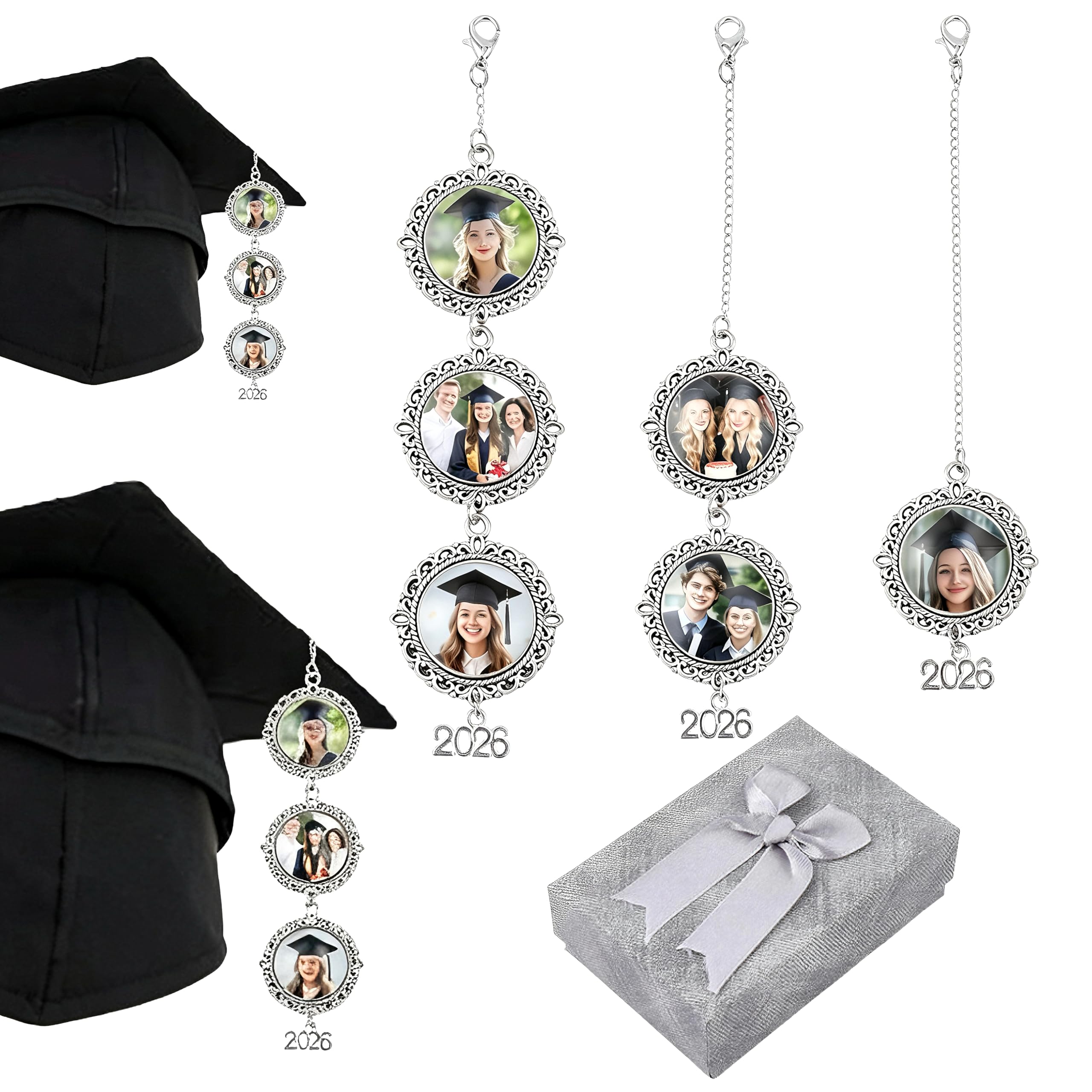 Dije de borla de graduación 2026 con foto conmemorativa y cristal plata de diseño vintage