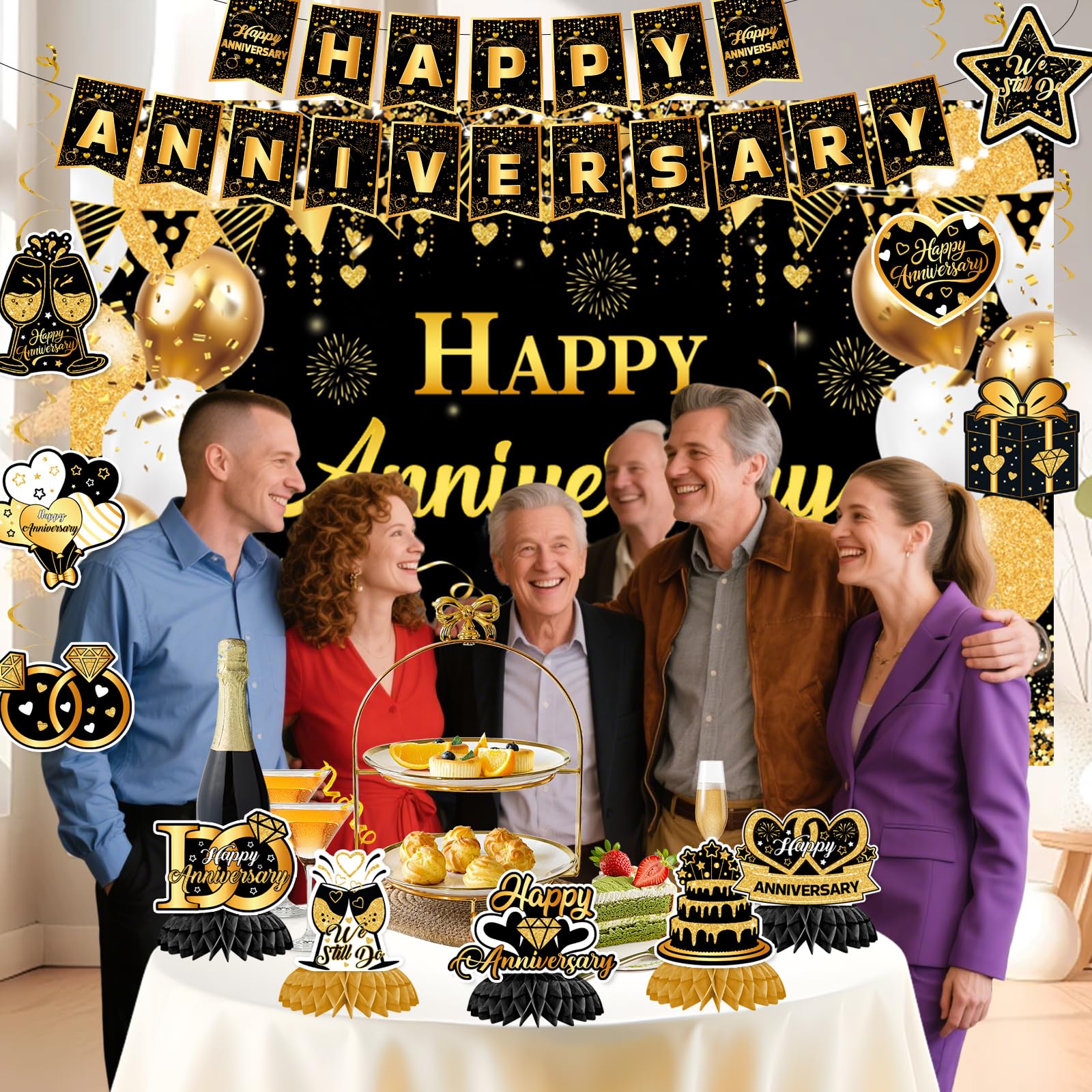 Happy Anniversary Decorations - Black Gold Wedding Party Decorations Kit, Happy Anniversary Banner, Backdrop, Hanging Swirls for Work Decorations (Black Gold)