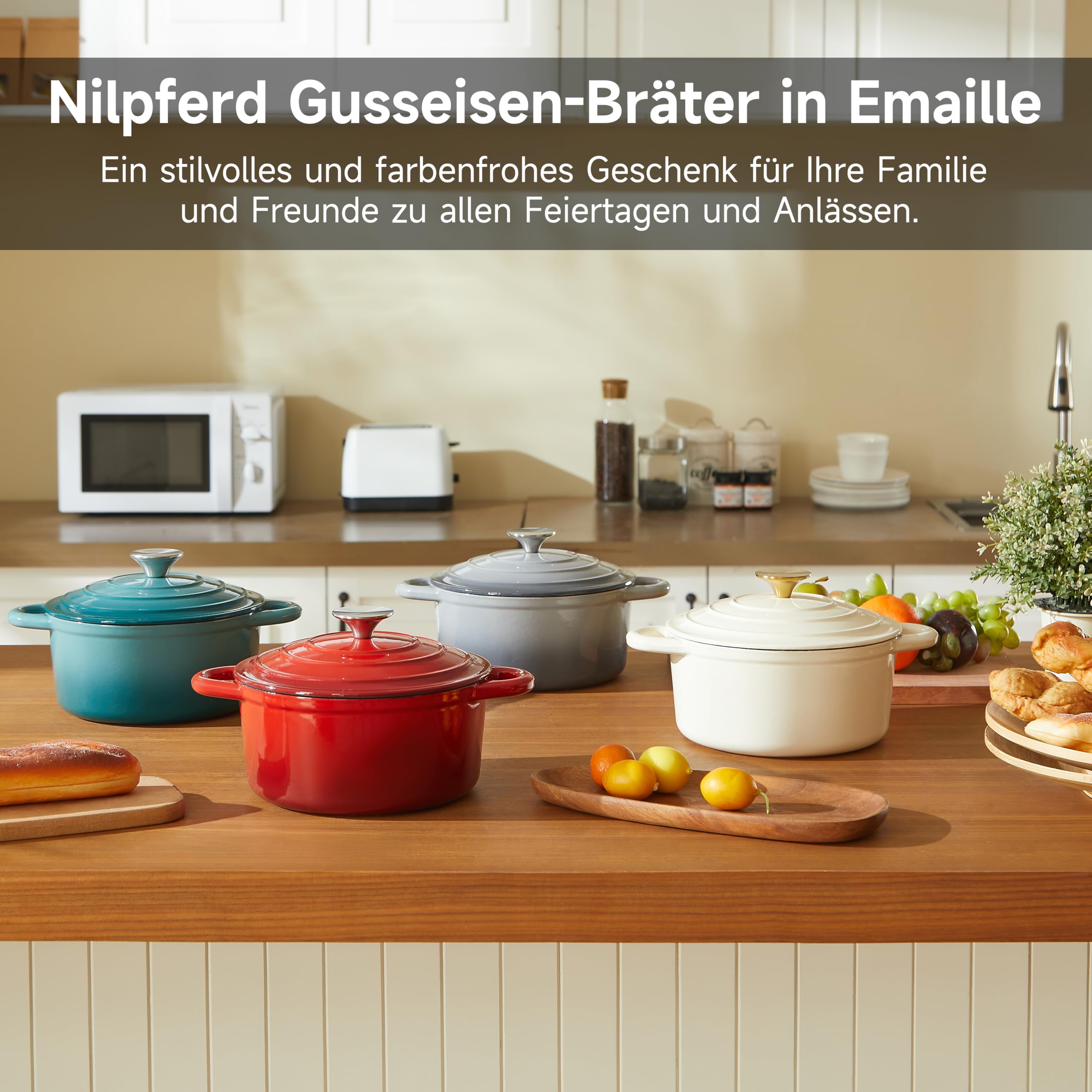 Nilpferd Gusseisen Topf Schmortopf 24cm Emaille Bräter mit Deckel Topflappen, Kasserollen Bratentopf brot backen für Schmoren Braten Incl.1 Paar Silikon Ofenhandschuhe&Topfuntersetzer (Cremeweiß, 4L)