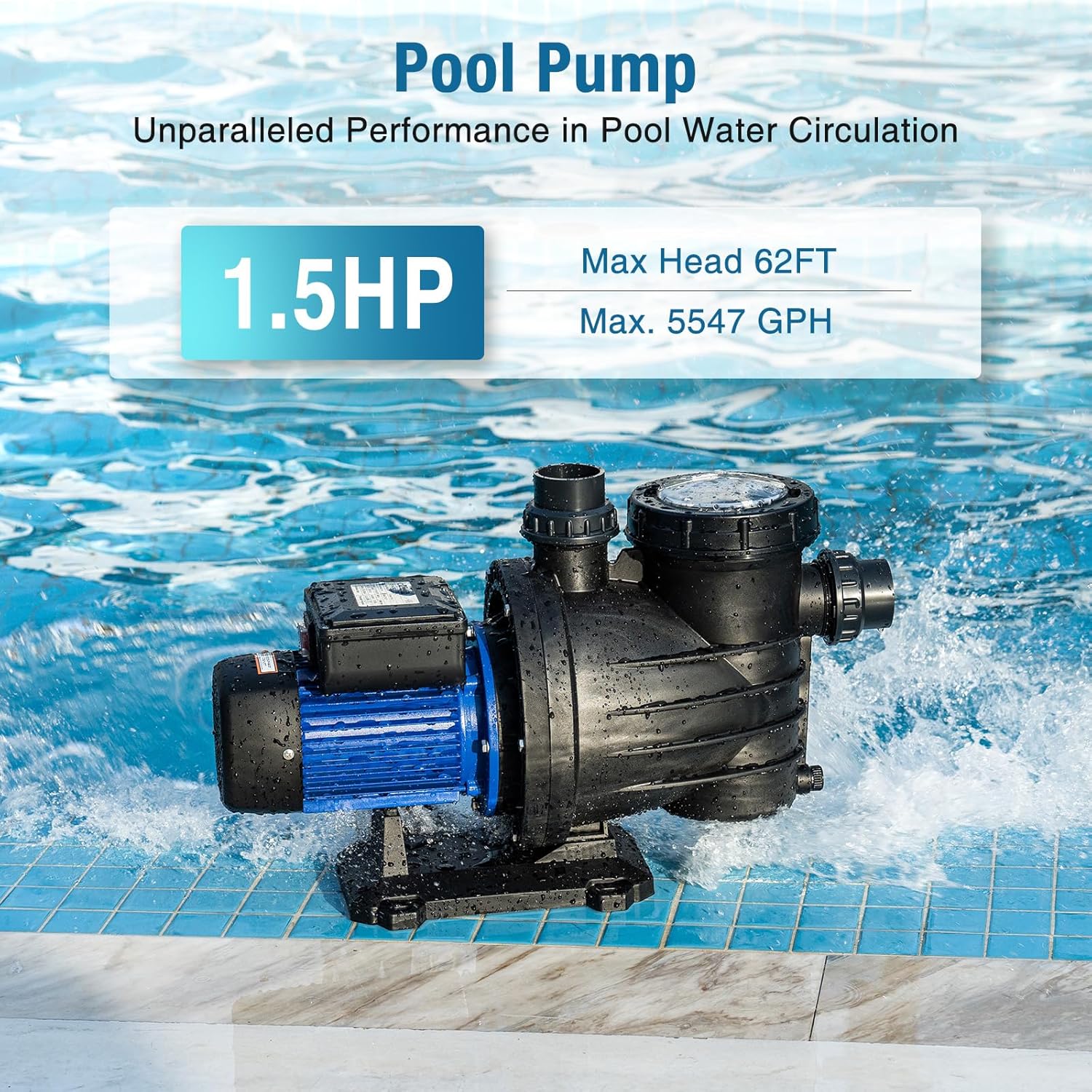 1.5HP Pool Pump, 5547GPH Powerful Self Primming Swimming Pool Pump with ON/OFF Switch for In/Above ground Pool, Single Speed High Flow, Energy Saving, Low Noise, with Strainer Basket