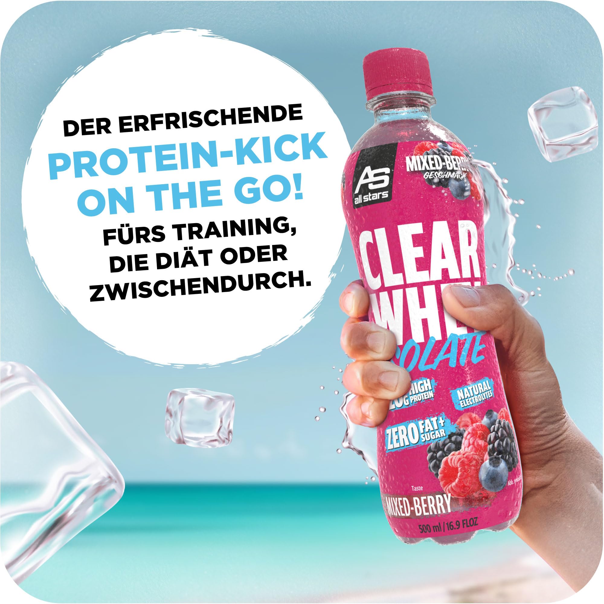 All Stars CLEAR WHEY ISOLATE, lecker, fruchtiger Eiweißdrink ohne Zuckerzusatz, Erfrischungsgetränk für Sportler mit hochwertigem Whey Protein Isolat mit nur 79 Kalorien, 12 x 500ml, Mixed Berry