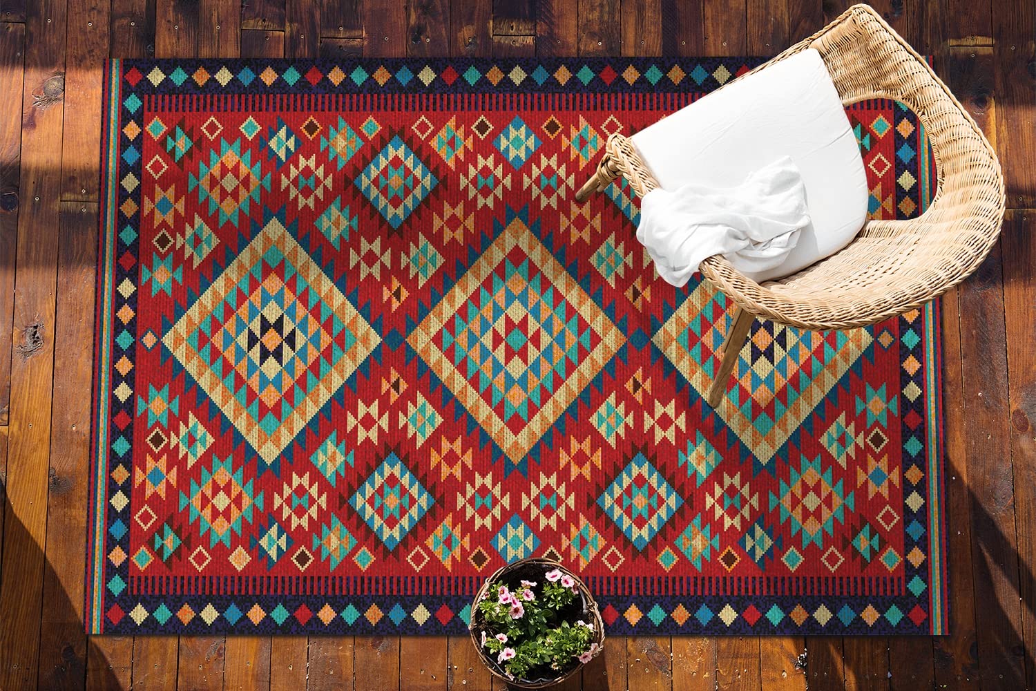 Decormat Tapis Vinyle Le Jardin 60x90cm Rouge de Terrasse PVC de Sol Lino Linoléum sur Balcon Étanche Extérieur - Triangles rétro