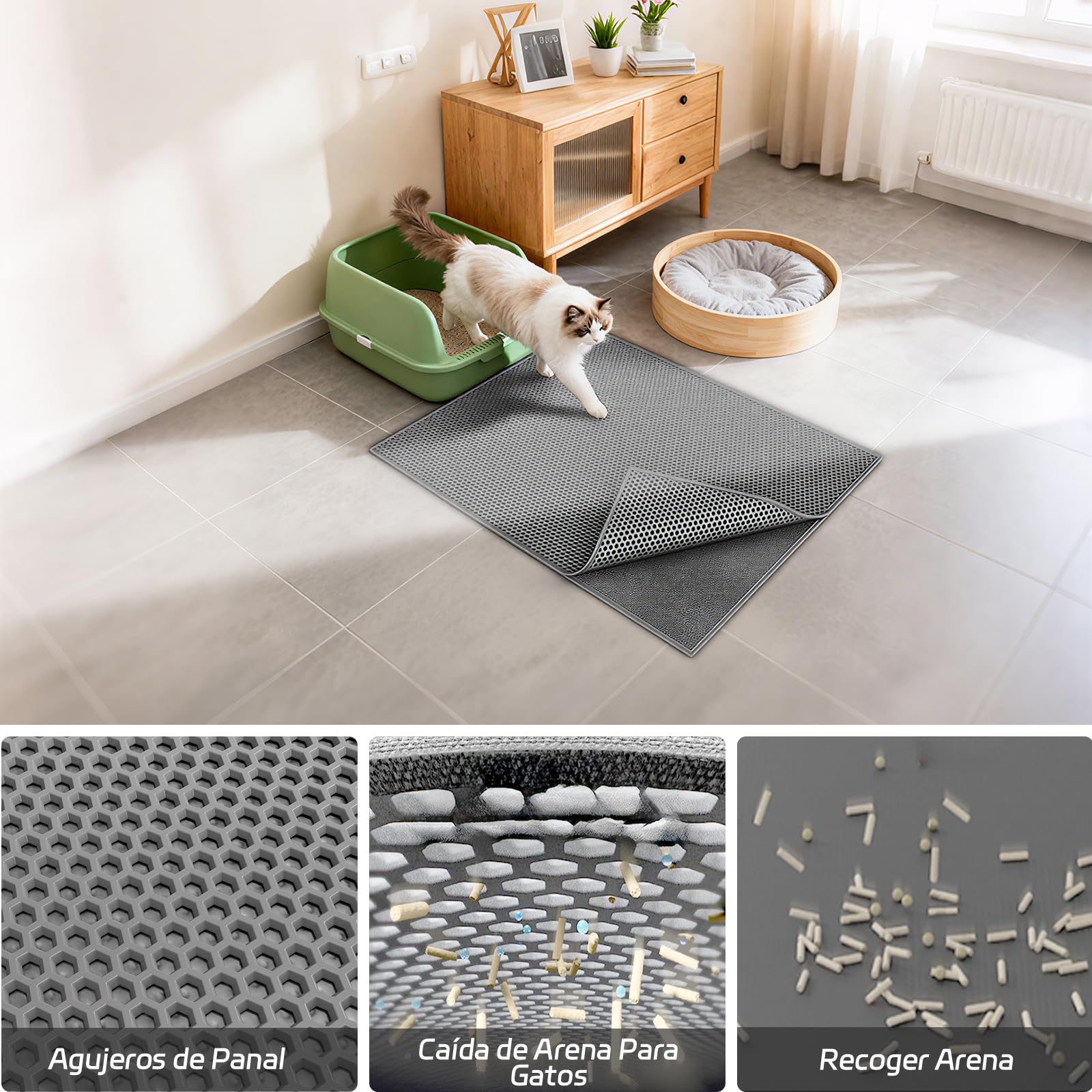 Garoopion Alfombra Arenero Gato, 76x61cm Alfombrilla Arenero Gato, Impermeable Alfombra Arena Gatos, Diseño de Doble Capa en Forma de Panal, Gris, 1 Lado Conectado