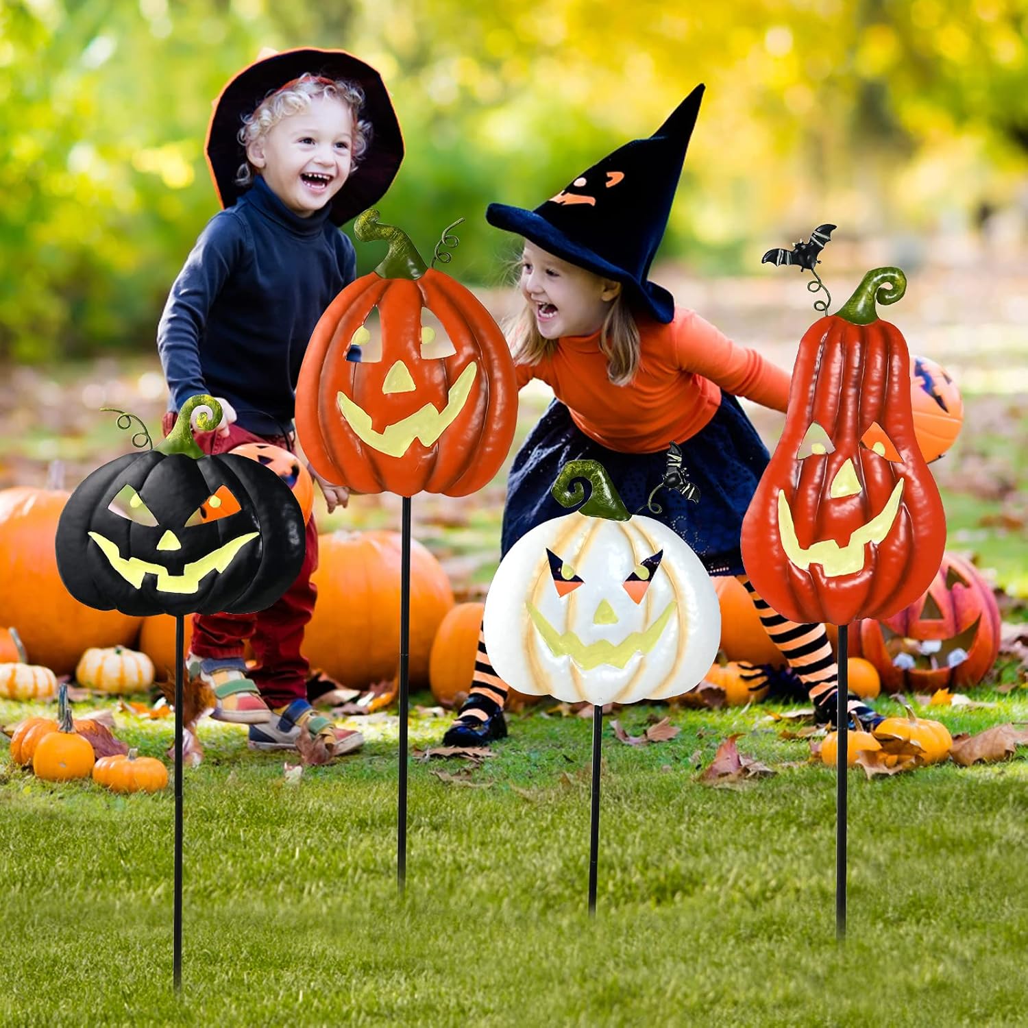 ALLADINBOX Halloween Metal Stakes Pumpkin Jack o Lantern Spooky Faces Smile with Luminous Effect, Garden Yard Signs, Outdoor Party Décor, Set of 4 : Patio, Lawn & Garden