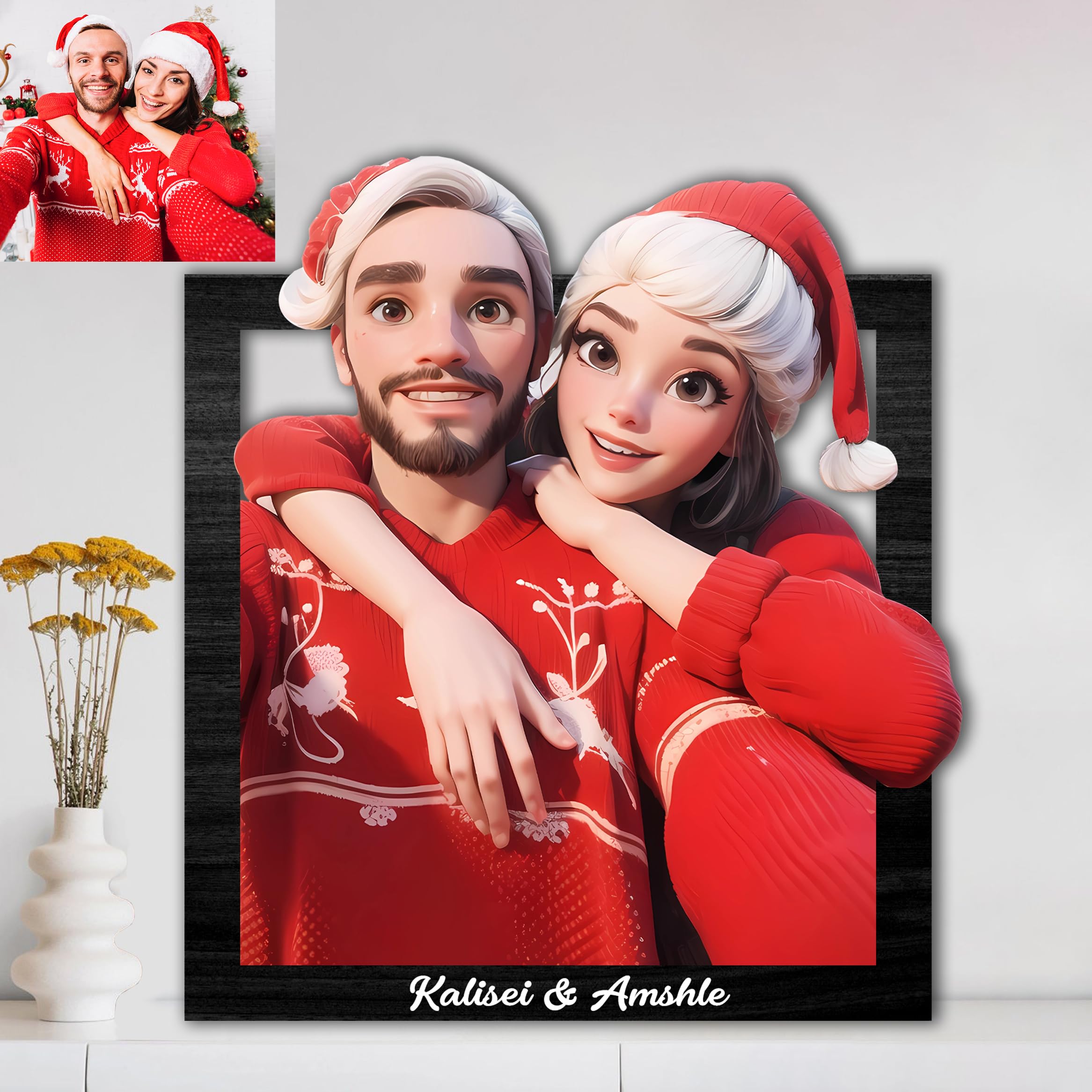 Noonative Square Personalized 3D Cartoon Portrait Wooden Photo Frame,Custom Family Photo Wall Art Plaque Sign Christmas Anniversary Birthday Gift For Family Boyfriend Girlfriend