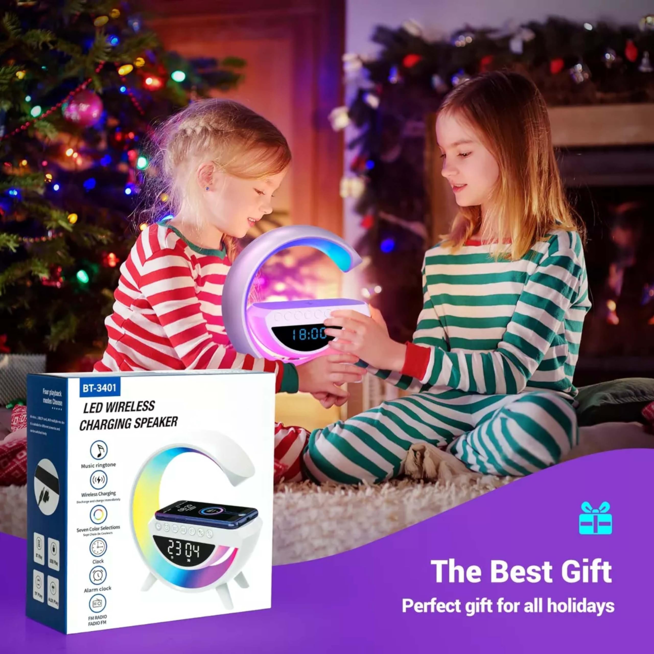 Altavoz Inteligente Sandalfon con Cargador Teléfono Inalámbrica, Bluetooth, Reloj Despertador con Luz, Lampara de Mesa LED Sincronización de Música 5 in 1, Dormitorio, Habitación, Oficina , Regalos
