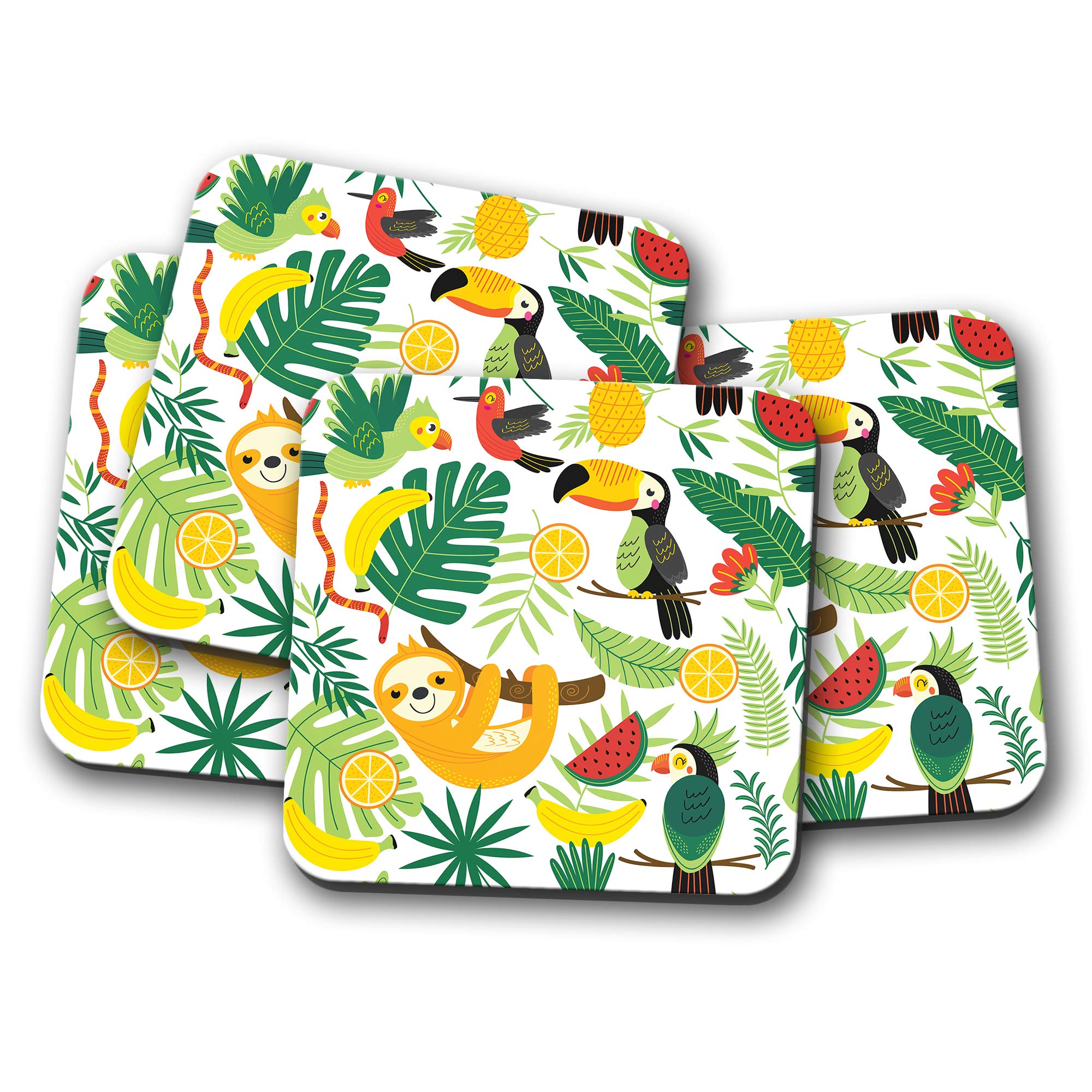 Destinationvinyl Multicolor 4 Set - Tropical Print Coaster - Sloth Bird Toucan Parrot Fun #8839