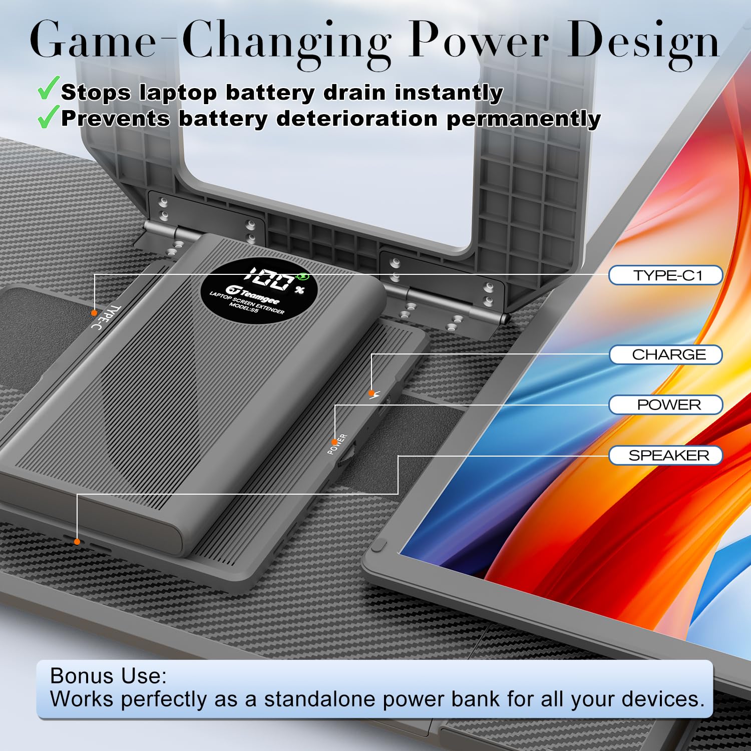 Teamgee Monitor Portatile 15,6" con Power Bank, Plug & Play, Compatibile con Mac (M1-M4), Windows, Surface, Chrome | Ideale per Home Office, Studio Fotografico, Smart Working, Caffè Lavoro