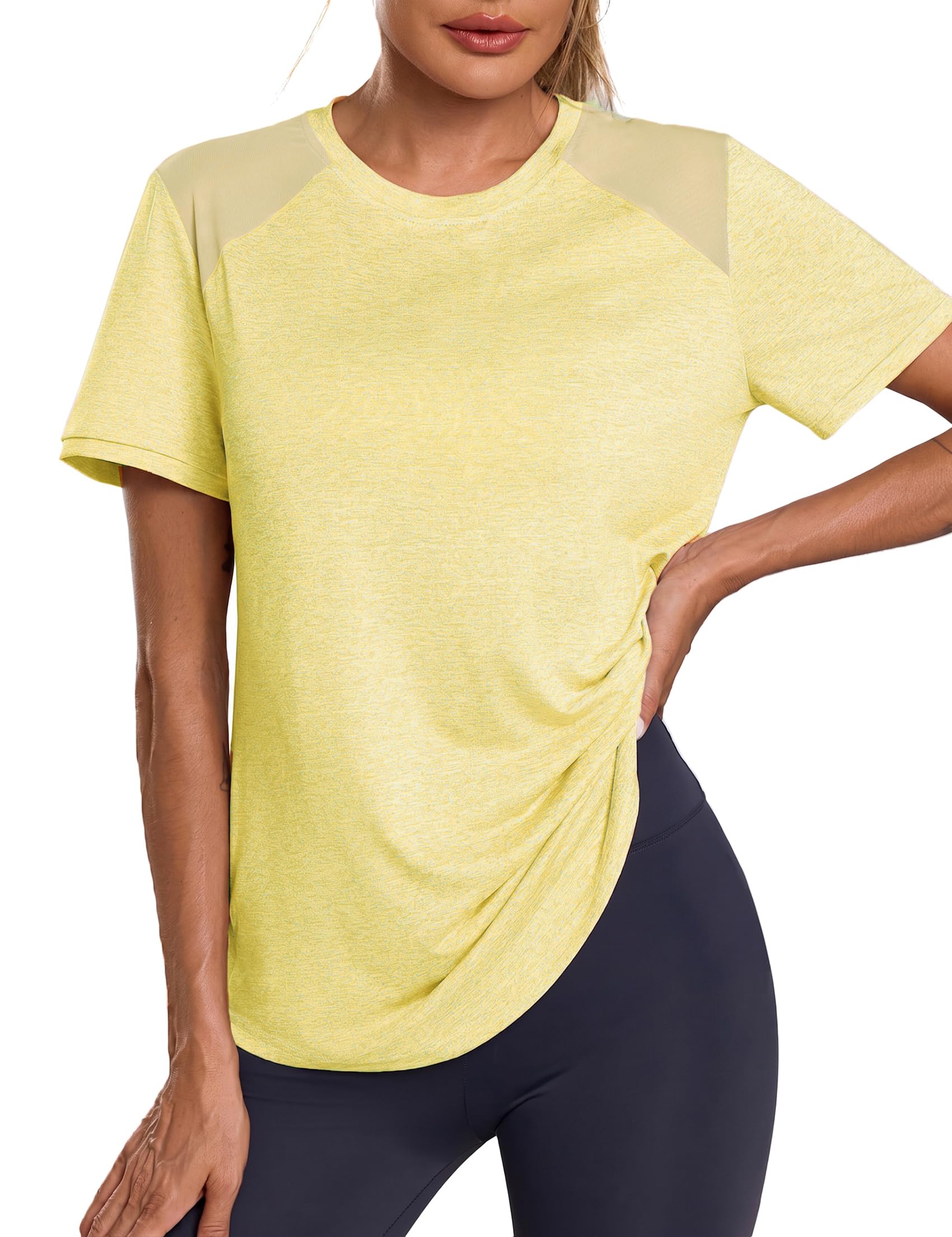 Terecey Sportshirt Damen Kurzarm Leichtes Atmungsaktiv Mesh Laufshirt Fitness Gym Oberteile Rundhals Sport Top Frauen Sommer Longshirt für Fitness Laufshirt Yoga Fitness
