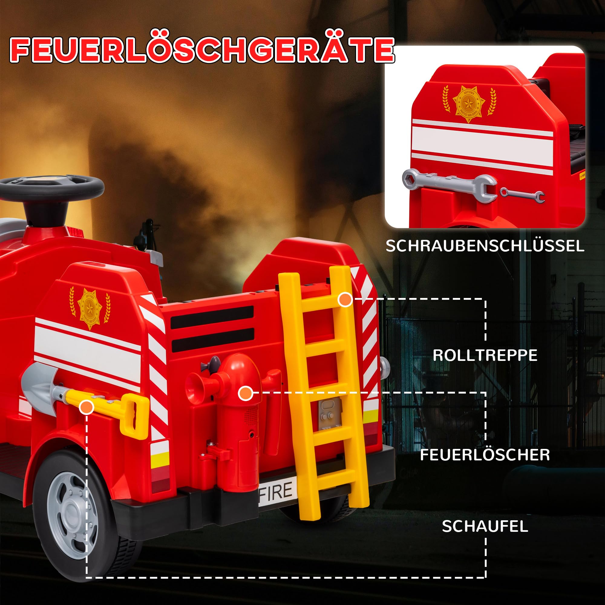 AIYAPLAY Kinder Elektroauto 12V Kinderauto Elektrisch für 3-5 Jahre Rot | Hupe, Musik, Sirene, Warnlampe, Elektrofahrzeug mit Scheinwerfer, Sanftanlauf, Kinder Feuerwehrauto, 3 km/h