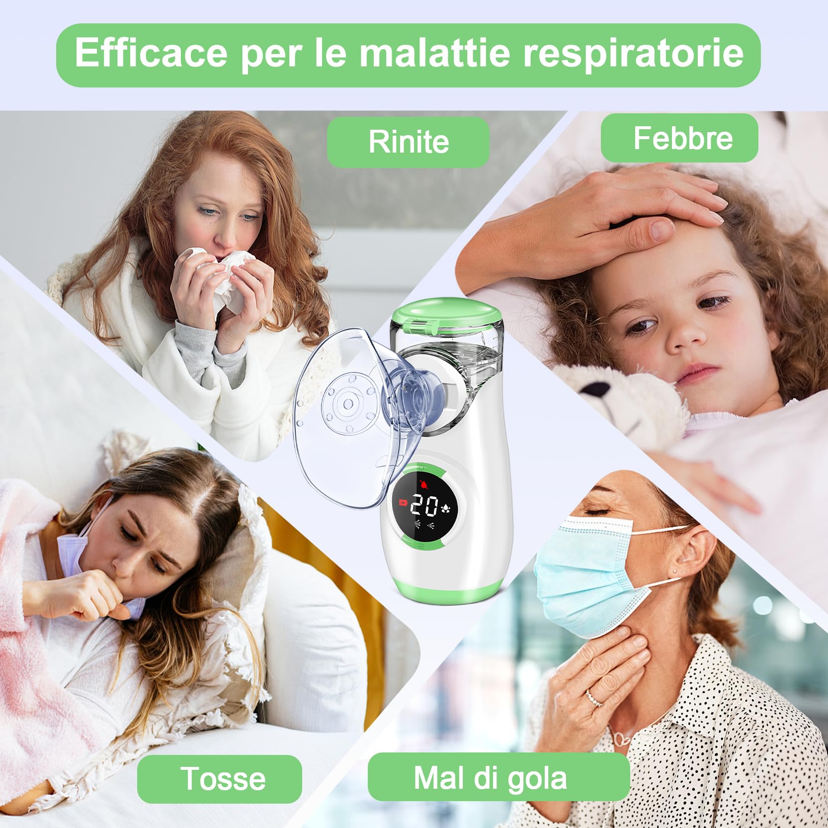 Aerosol Portatile Silenzioso con Digitaler Anzeige, Macchina Aerosol per Adulti Bambini con Boccaglio e Maschera, per Malattie delle Vie Respiratorie Superiori e Inferiori