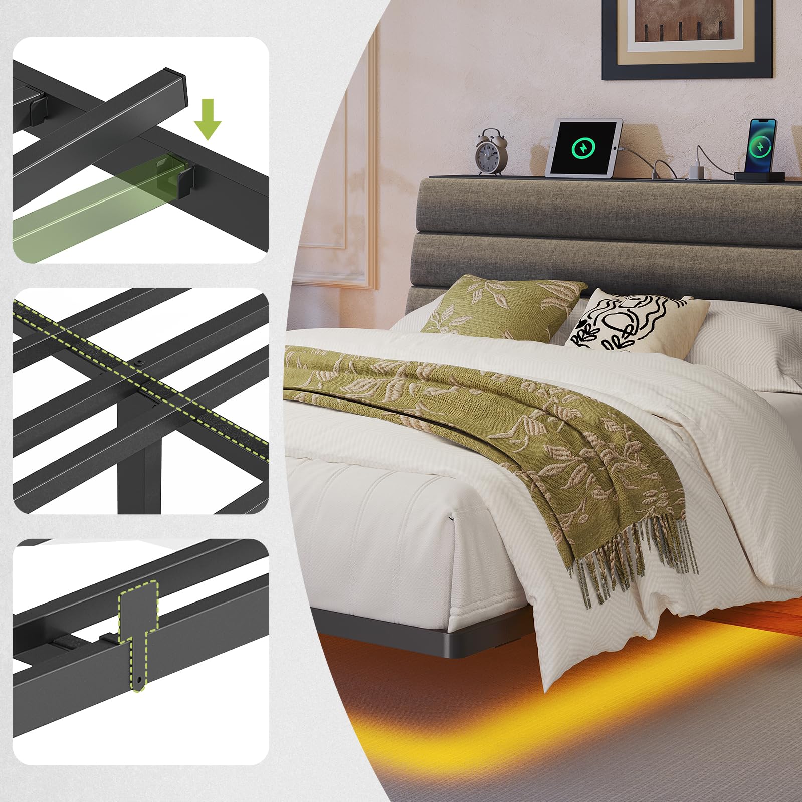 Letto Sospeso 160 x 200 cm con Luci LED, Testiera Contenitore con Stazione di Ricarica, Letto Piattaforma Imbottito con Struttura in Metallo Rinforzata, Grigio Scuro