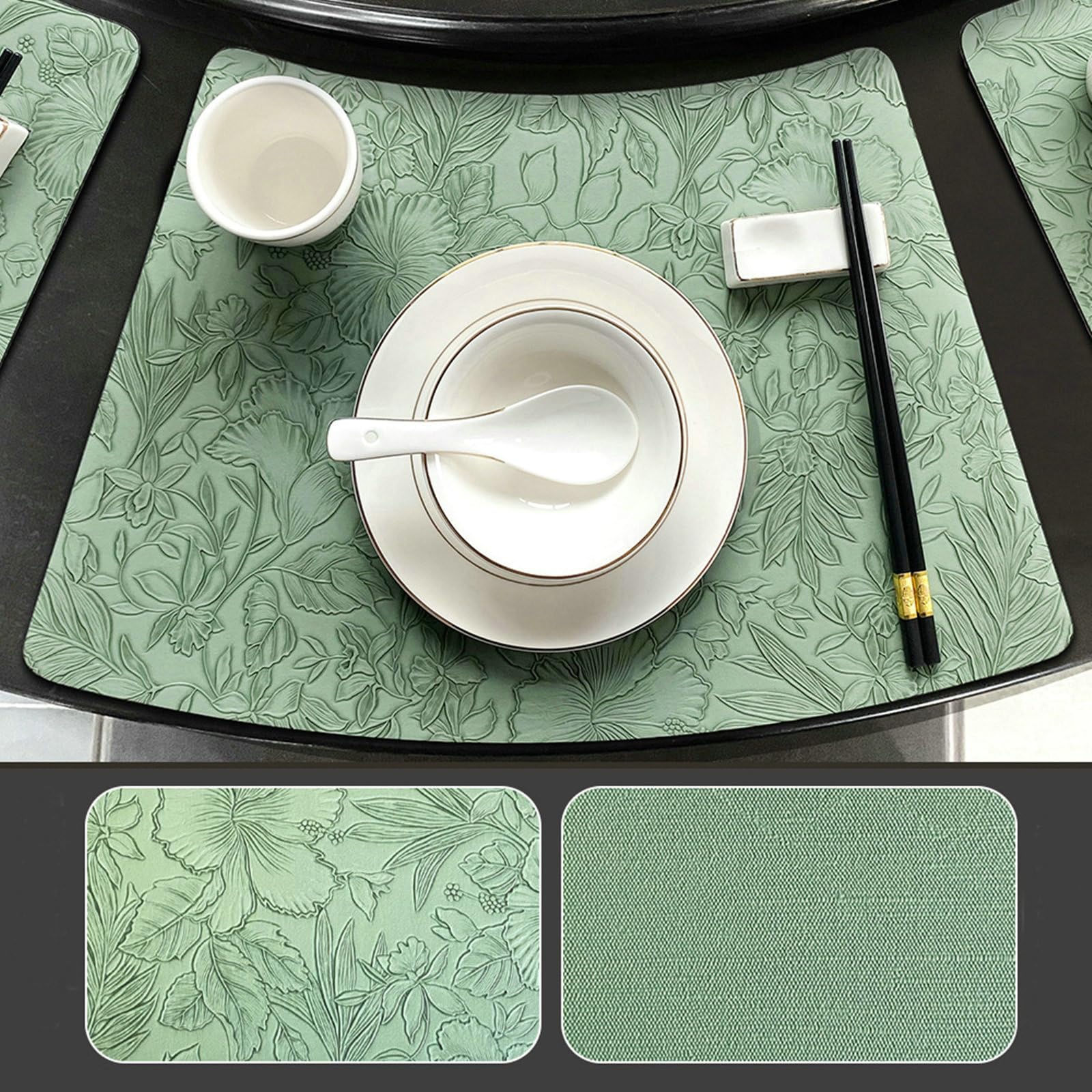 Juego de 10 manteles individuales de mesa, mantel lavable de piel con textura de hojas, antideslizante, fácil de limpiar, verde, 27 x 43 cm