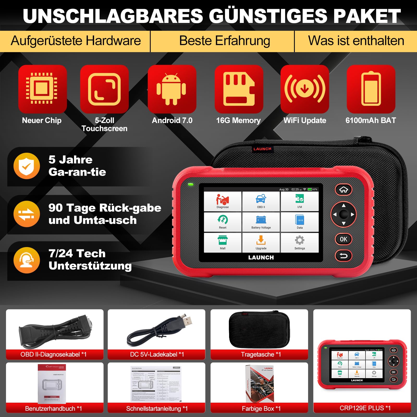 LAUNCH CRP129E Plus V3.0 OBD2 Diagnosegerät Alle System Scanner mit 12+ Reset, ABS/Einspritzdüsen-Codierung/Öl/Drosselklappe/EPB/DPF/SAS/TPMS Reset/Batterieabgleich, lebenslanges WiFi-Update