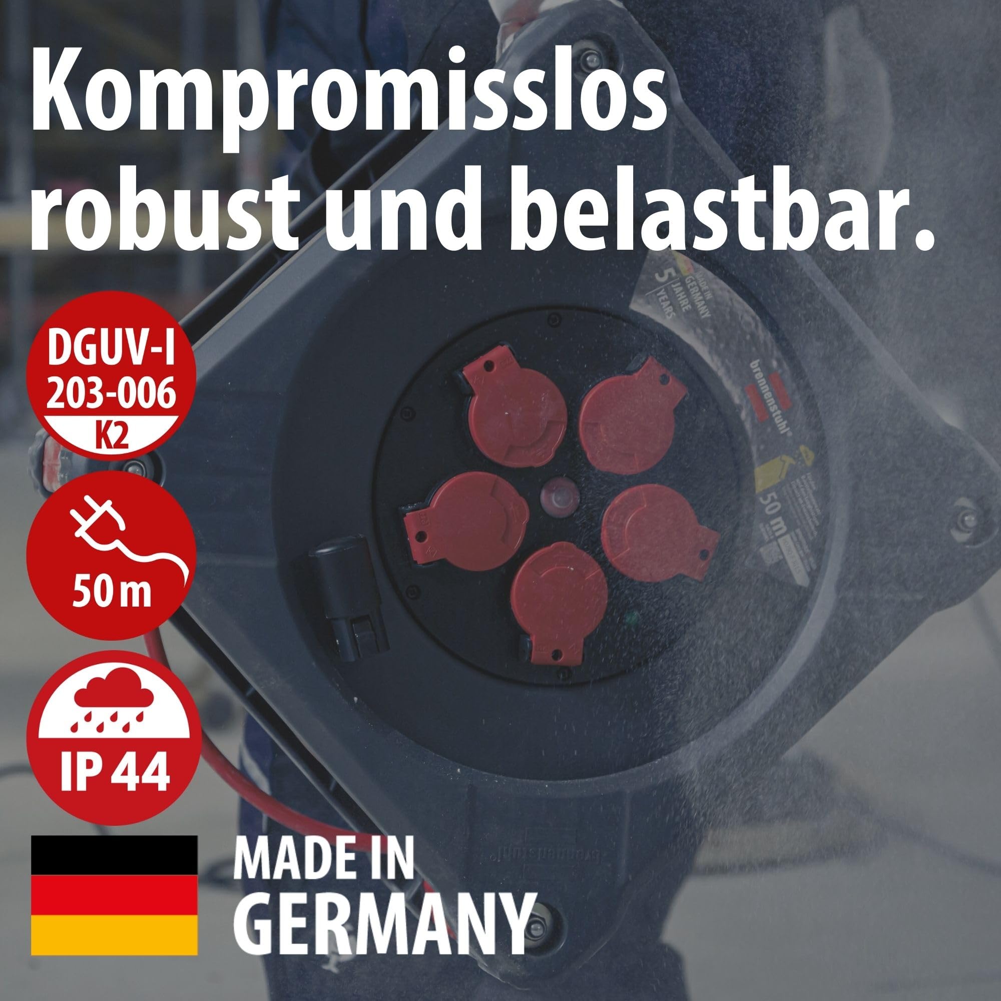 Brennenstuhl Professional KA 5110 5 IP44 avvolgicavo da cantiere (cavo BQ da 50 m in rosso, 5 prese di sicurezza, uso in cantiere e uso esterno permanente, Made in Germany)