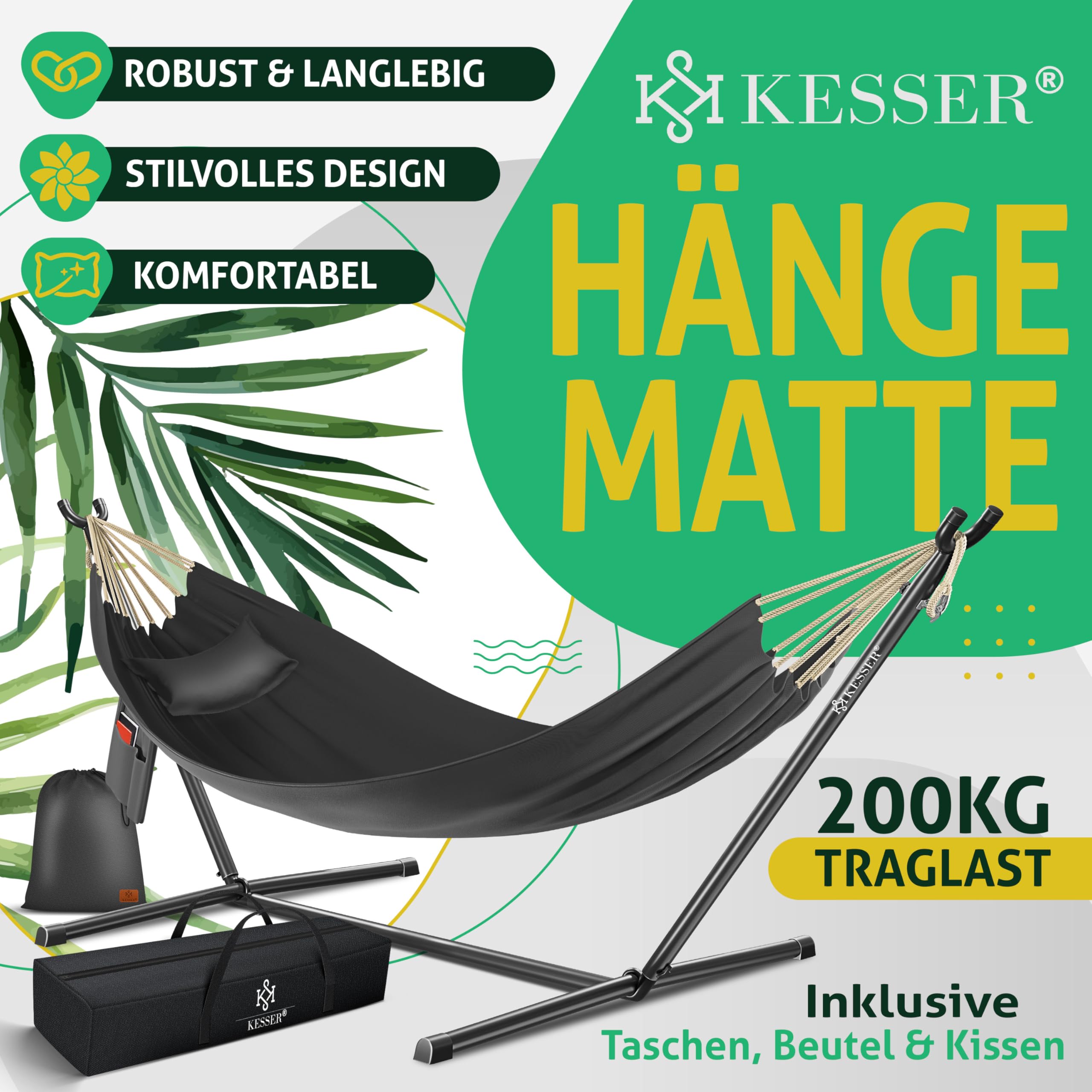 KESSER® Hängematte Lake mit Gestell, Doppel für 2 Personen, 200kg Belastbarkeit, Indoor & Outdoor, XXL Hängesessel, Garten, Pool, Balkon, Terrasse, Inkl. Kissen, Beutel & Tasche, Anthrazit
