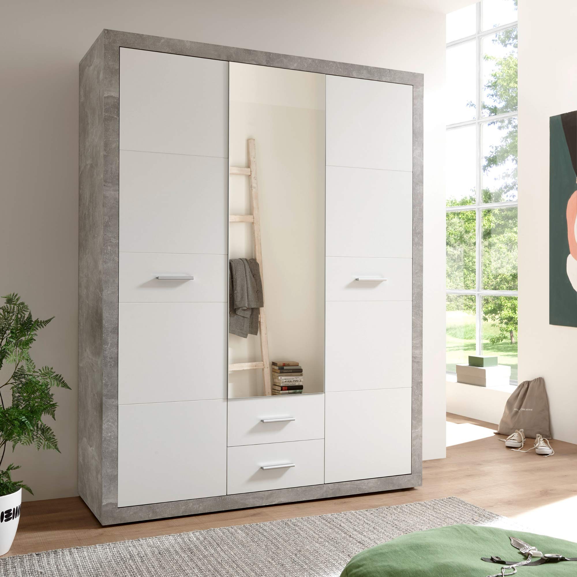 STONE Kleiderschrank Schrank Drehtürenschrank Beton-Optik Weiß mit Spiegel | 151 x 198 x 55 cm (B/H/T), Schlafzimmer, 3 Türen, Kleiderstange, inklusive Einlegeböden, viel Stauraum