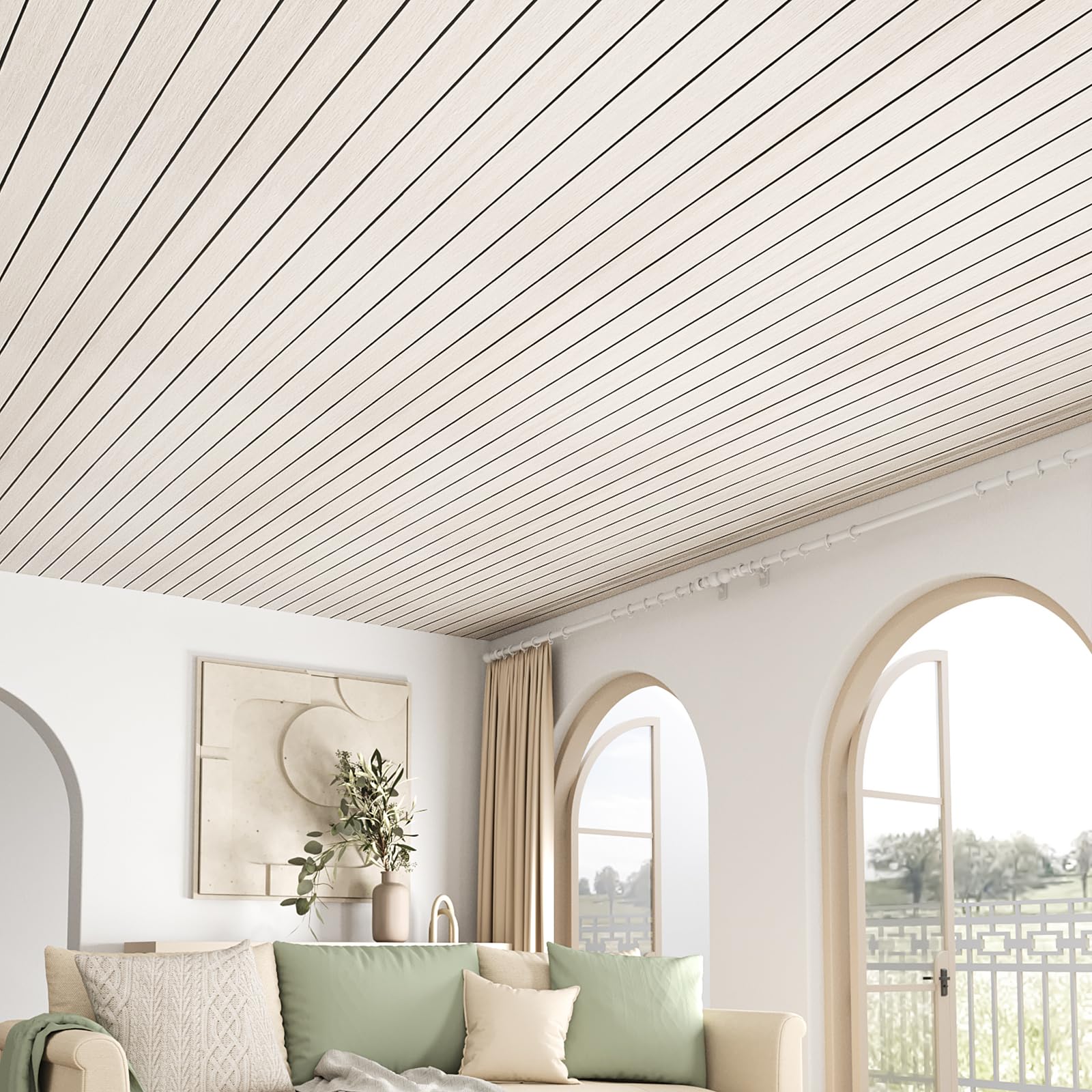 VEELIKE Panel de pared de listones de madera de roble blanco crema para despegar y pegar, paneles de pared de madera sintética 3D para paredes decorativas, dormitorio, 17 x 118 pulgadas, rollo de