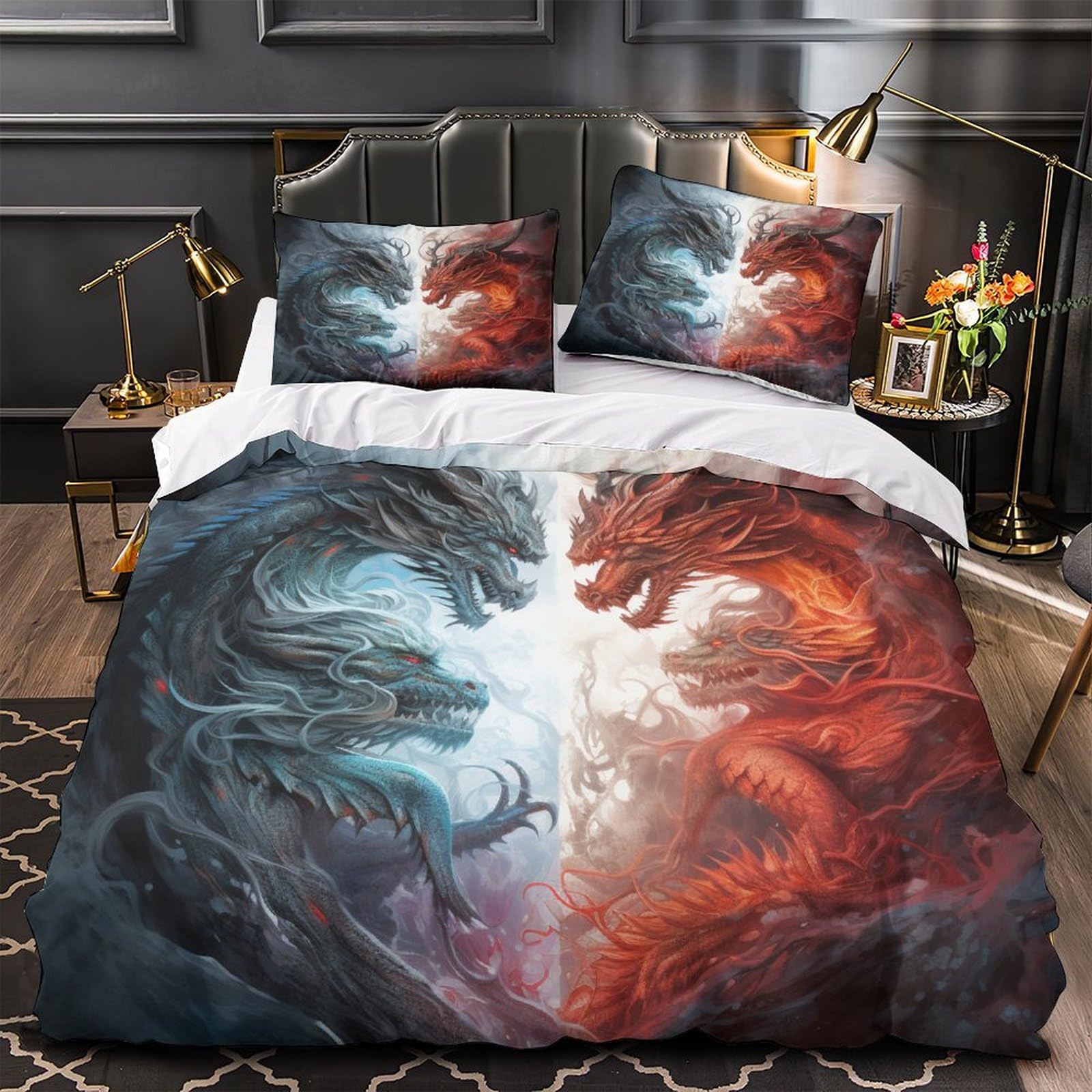 Stampato in 3D Loong cinese Copertina Stampata Microfibra Disegnata Biancheria Da Letto Con Chiusura A Cerniera Con 2 Federe,King（220x240cm）, Per Ragazzi Adulti