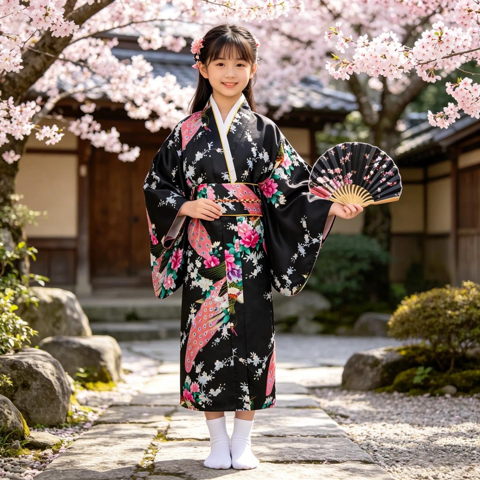 Niños Yukata Vendimia Estilo Japones - Niña Kimono Tradicional Ropa Seda Tela Túnica Desgaste Boda Partido Actuación Vestido