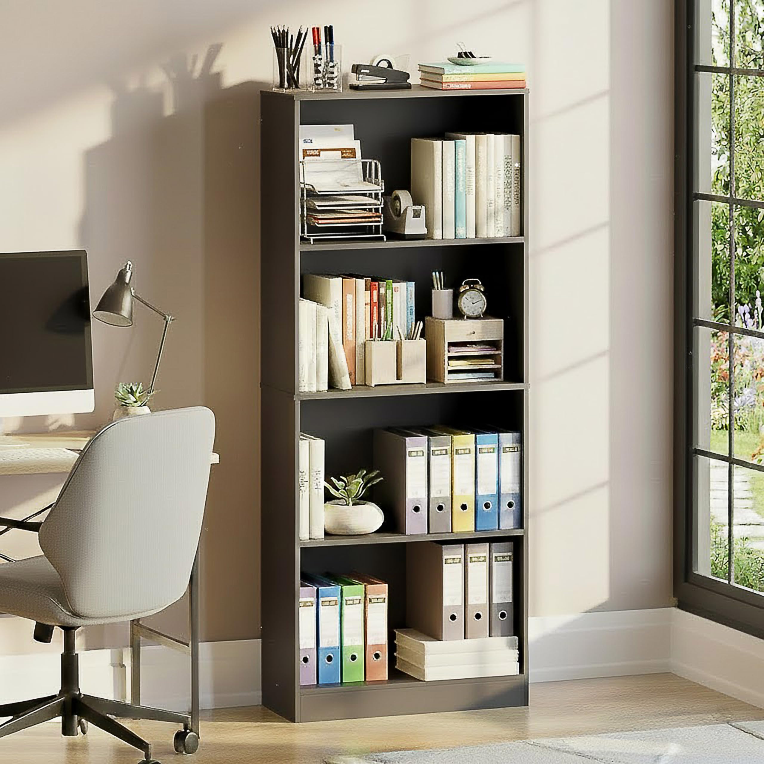 Vida Designs Cambridge 4-poziomowy duży regał na książki, czarny drewniany regał ekspozycyjny regał do przechowywania meble biurowe do salonu