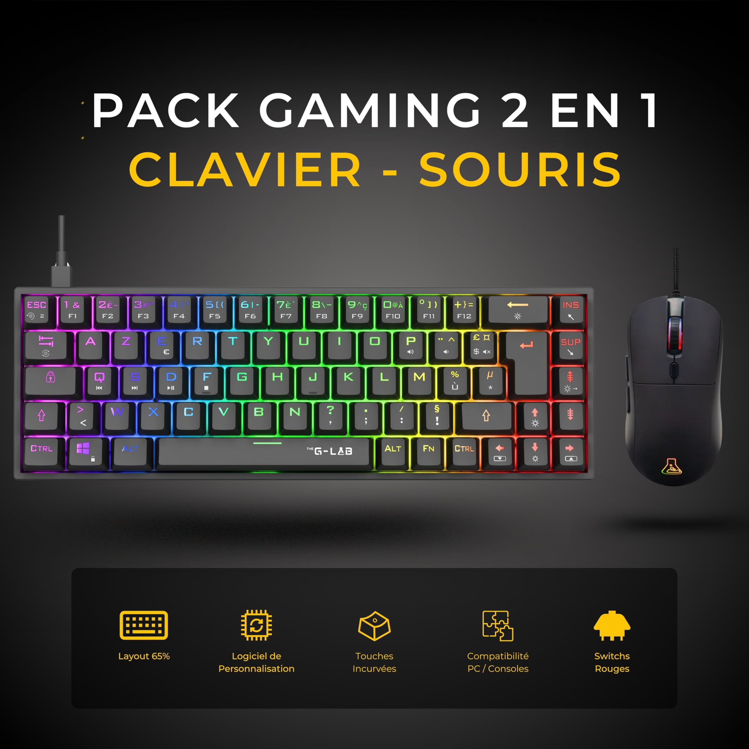 The G-Lab - Combo Titanium - Pack Clavier Gamer & Souris Gaming - Clavier Mecanique 65% Switch Rouge, Souris Gamer 12800 DPI – RGB Custom, Anti-Ghosting Total, Macro Programmable - PC, PS5/4, Xbox