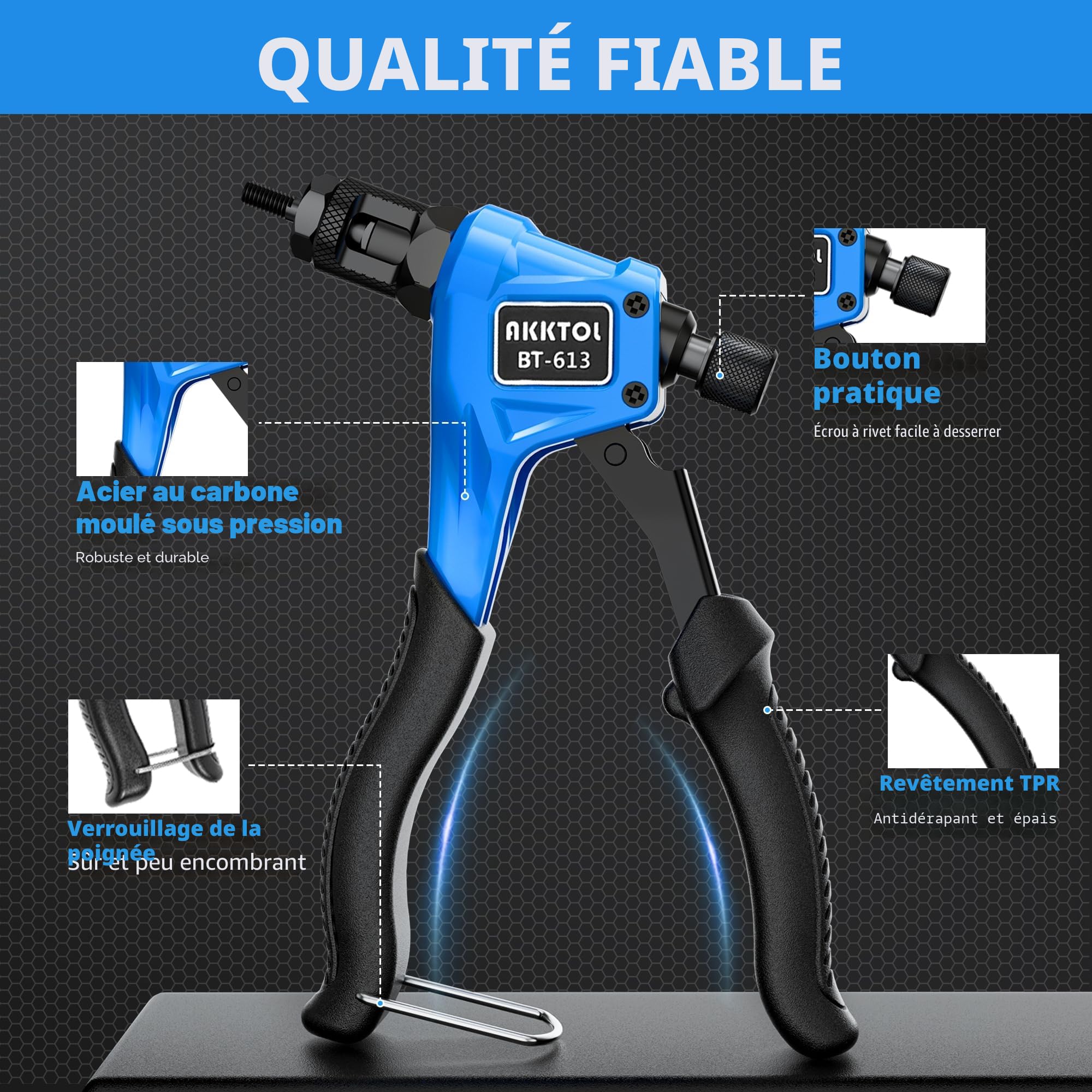 AKKTOL Pince a Insert Fileté, Pince a Insert, Ecrou a Sertir avec 100 Insert Fileté M6 M5 M4 M3, Pince a Sertir Ecrou facile à remplacer, avec étui de Transport, Pince Ecrou professionnel Manuel