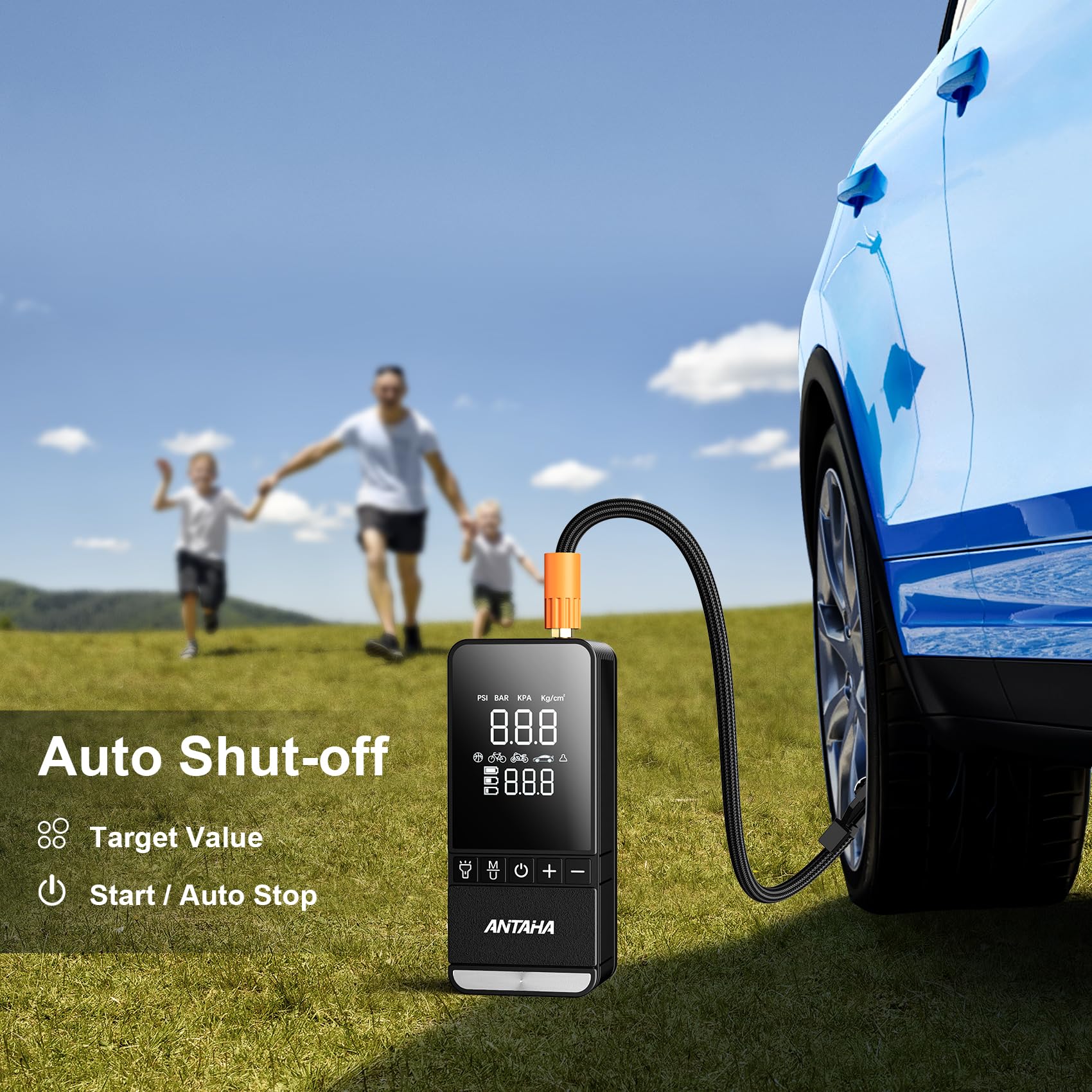 Compresor de aire portátil para neumáticos, bomba de aire inteligente de 150 PSI para neumáticos de automóvil con medidor de presión digital, bomba de neumáticos para automóviles