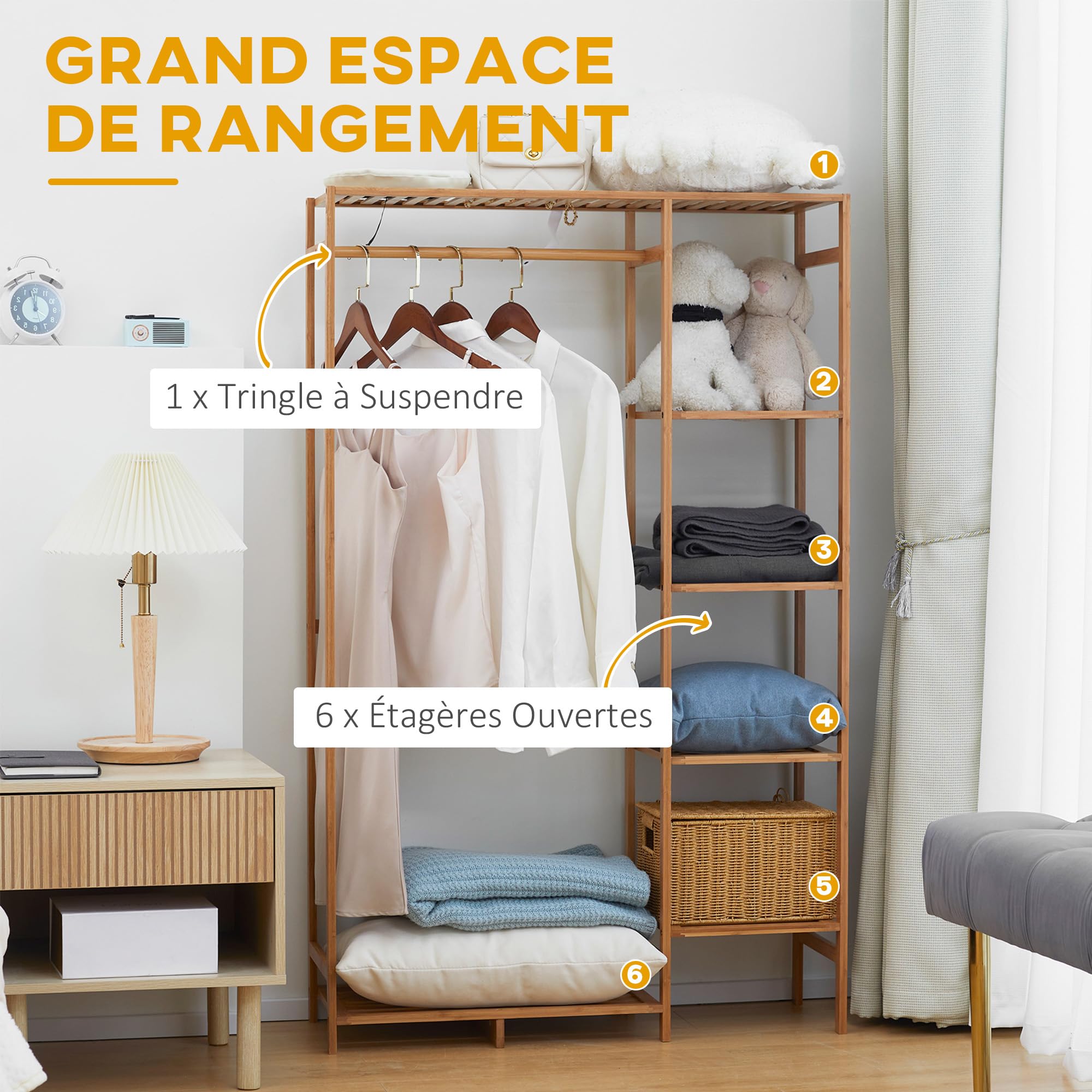 HOMCOM Portant à Vêtements en Bambou, 90 x 30 x 145 cm, Bois Naturel | Porte-Manteau, Penderie Vêtement, Étagère de Rangement à 6 Niveaux, Tringle de Suspension, pour Entrée, Chambre