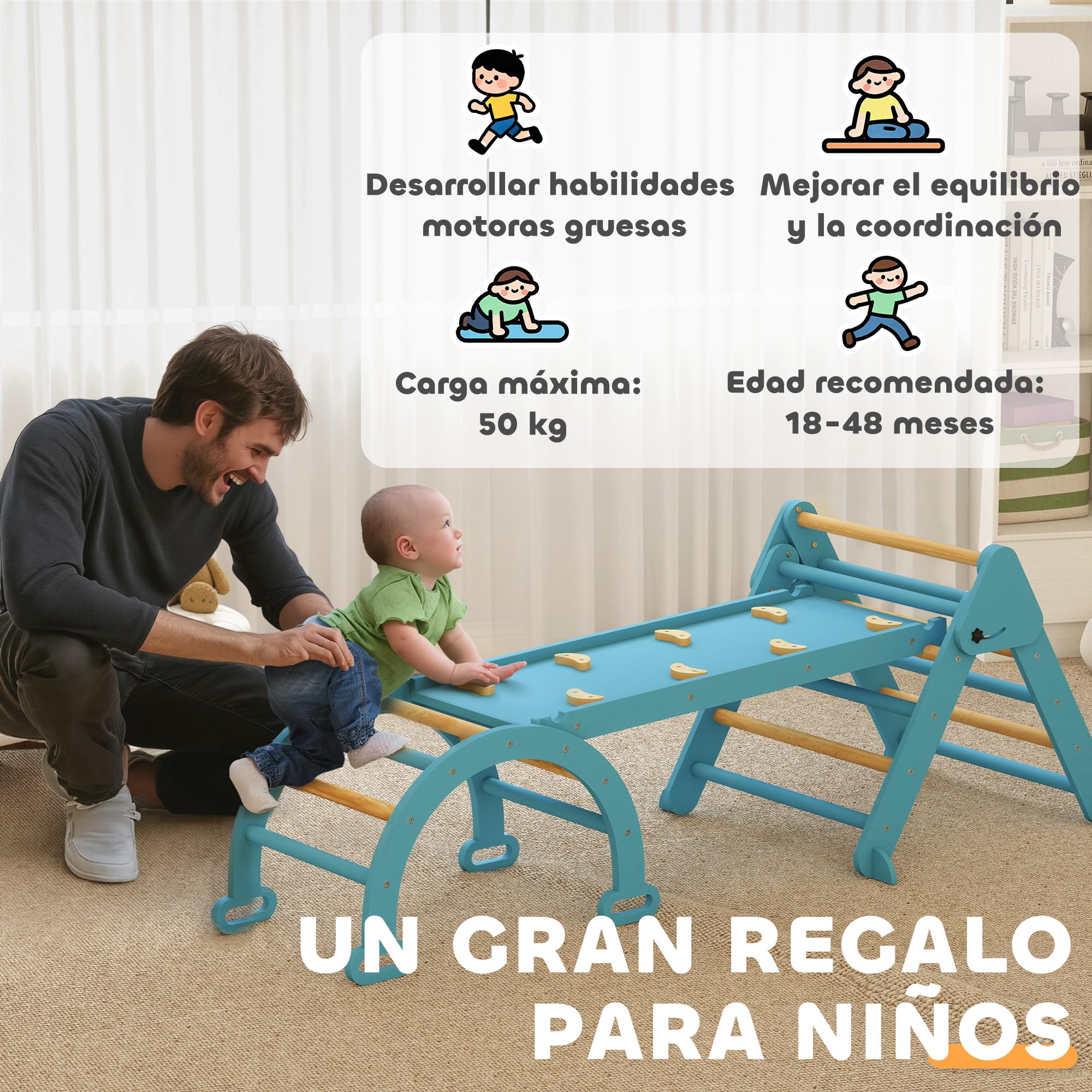 AIYAPLAY 7 en 1 Triángulo de Escalada Montessori con Arco y Rampa, Escalada para Niños de Madera Plegable, para 18-48 Meses, para Deslizarse o Escalar, 188x70 cm, Azul