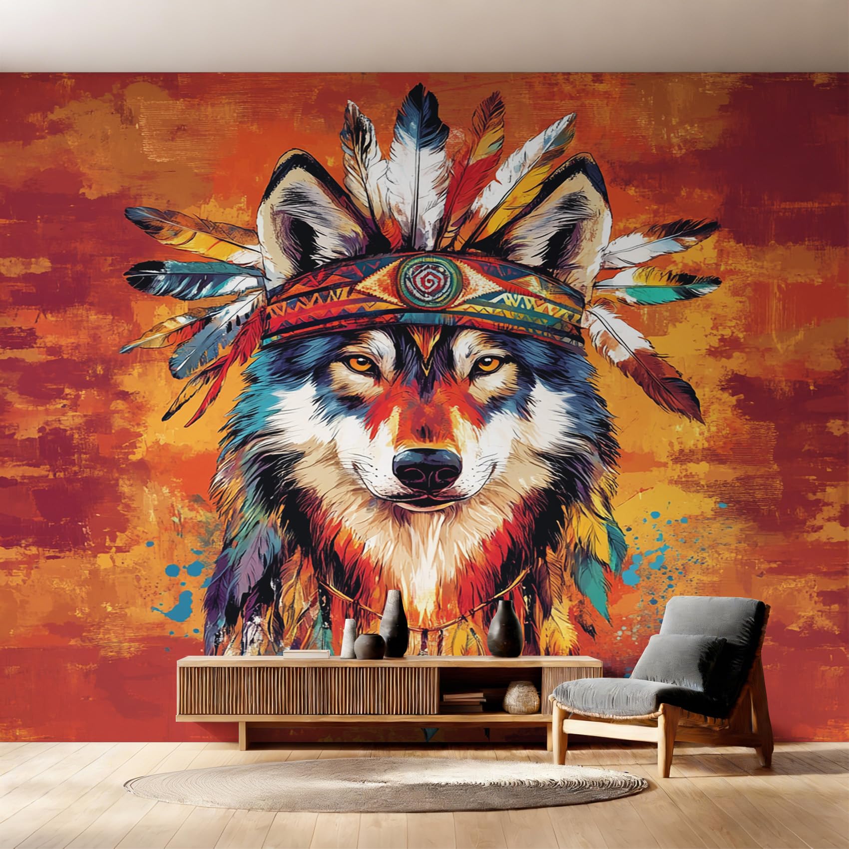 Papier peint loup fresque panoramique intissée style tribal