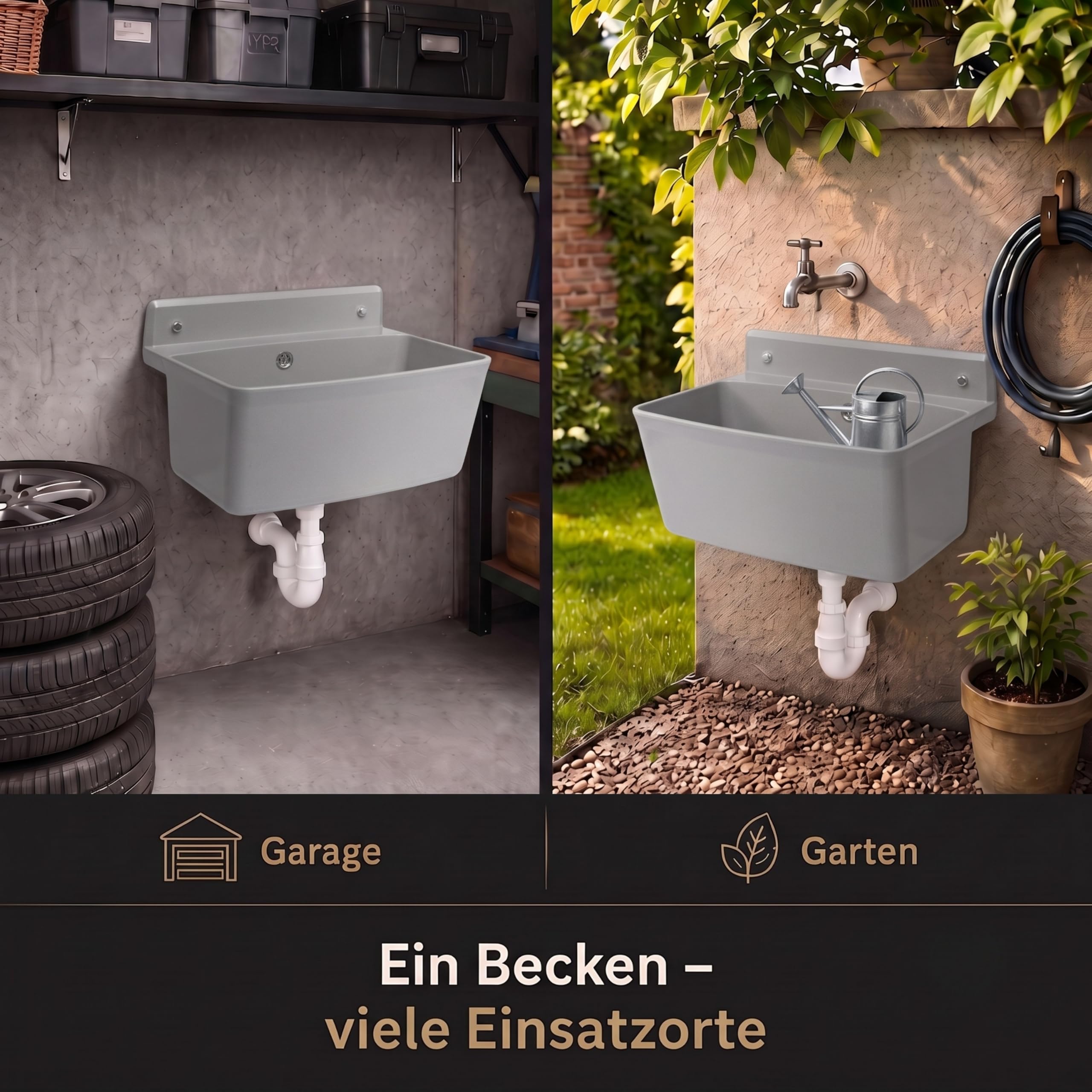 SINK Quality - Lavello profondo in plastica con sifone, per cantina, officina, garage, giardino, 55 x 42 x 33 cm, extra profondo, resistente al gelo, troppopieno e set di montaggio