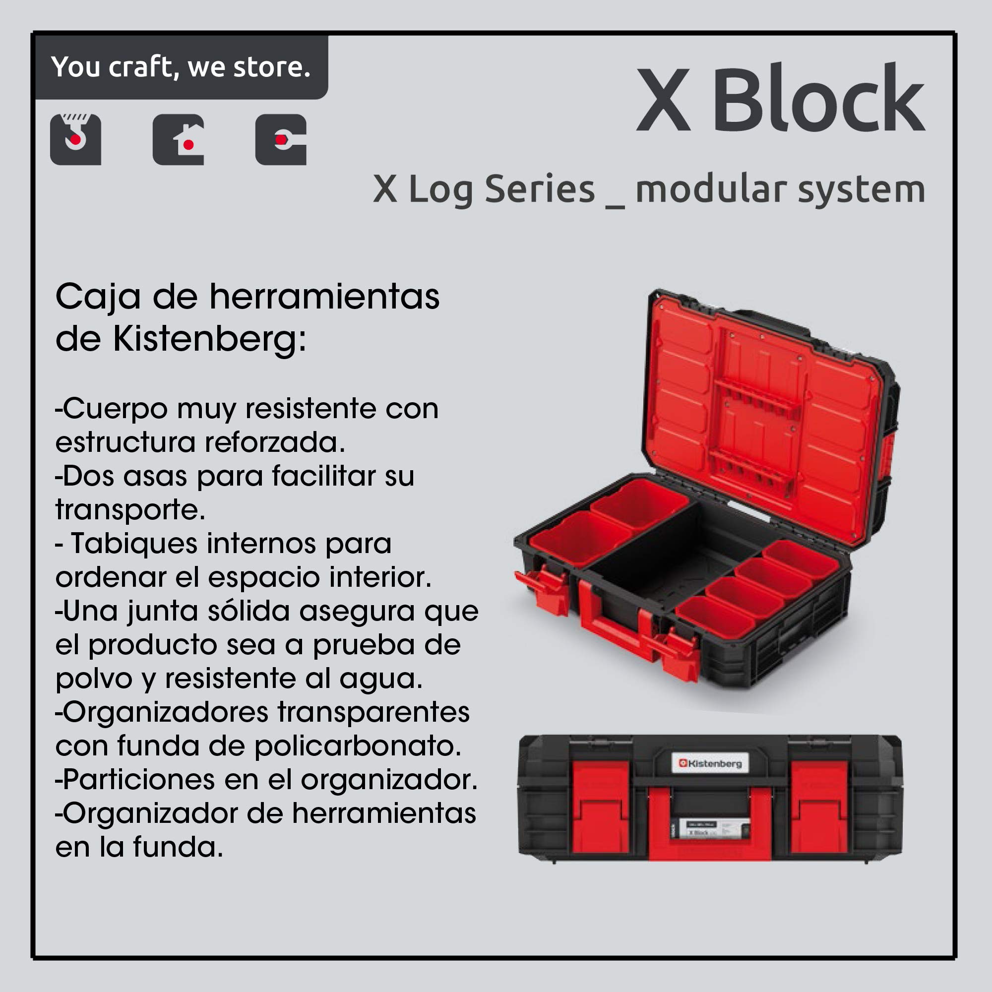 Caja de herramientas profesional con capacidad de carga hasta 50 kg, con compartimentos y separadores modulares X-Block 546 x 380 x 194 mm