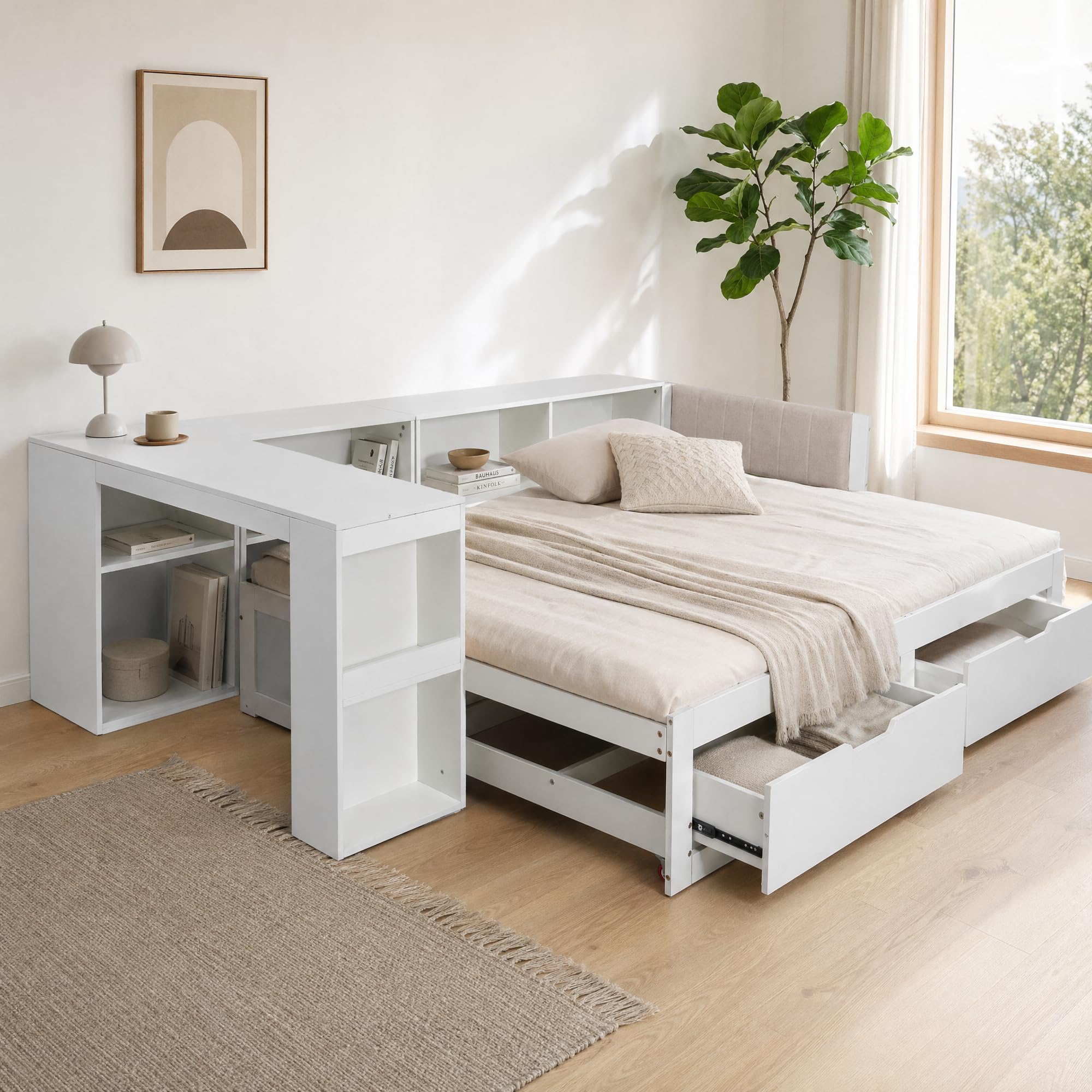 Letto da giorno a forma di L 3 in 1 con scrivania, contenitore e rete a