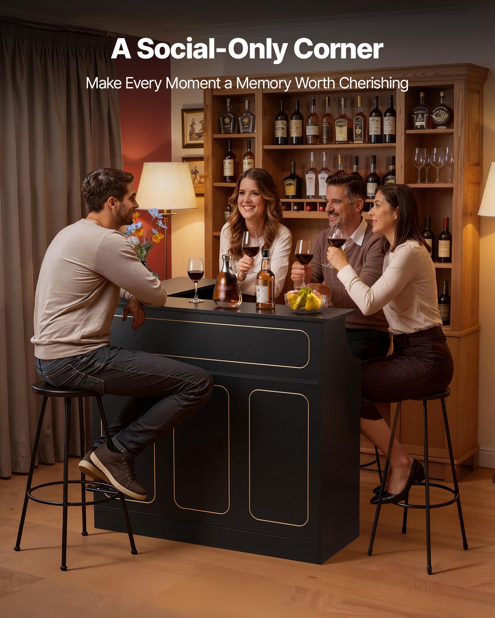 VEVOR Bancone da Bar per Salotto, Mobile Tavolo da Bar a Forma di L con 4 Ripiani Portaoggetti, Carico max 136 kg, Mobiletto Angolare per Casa Cucina Soggiorno Cantina Bancone da Interno, Nero