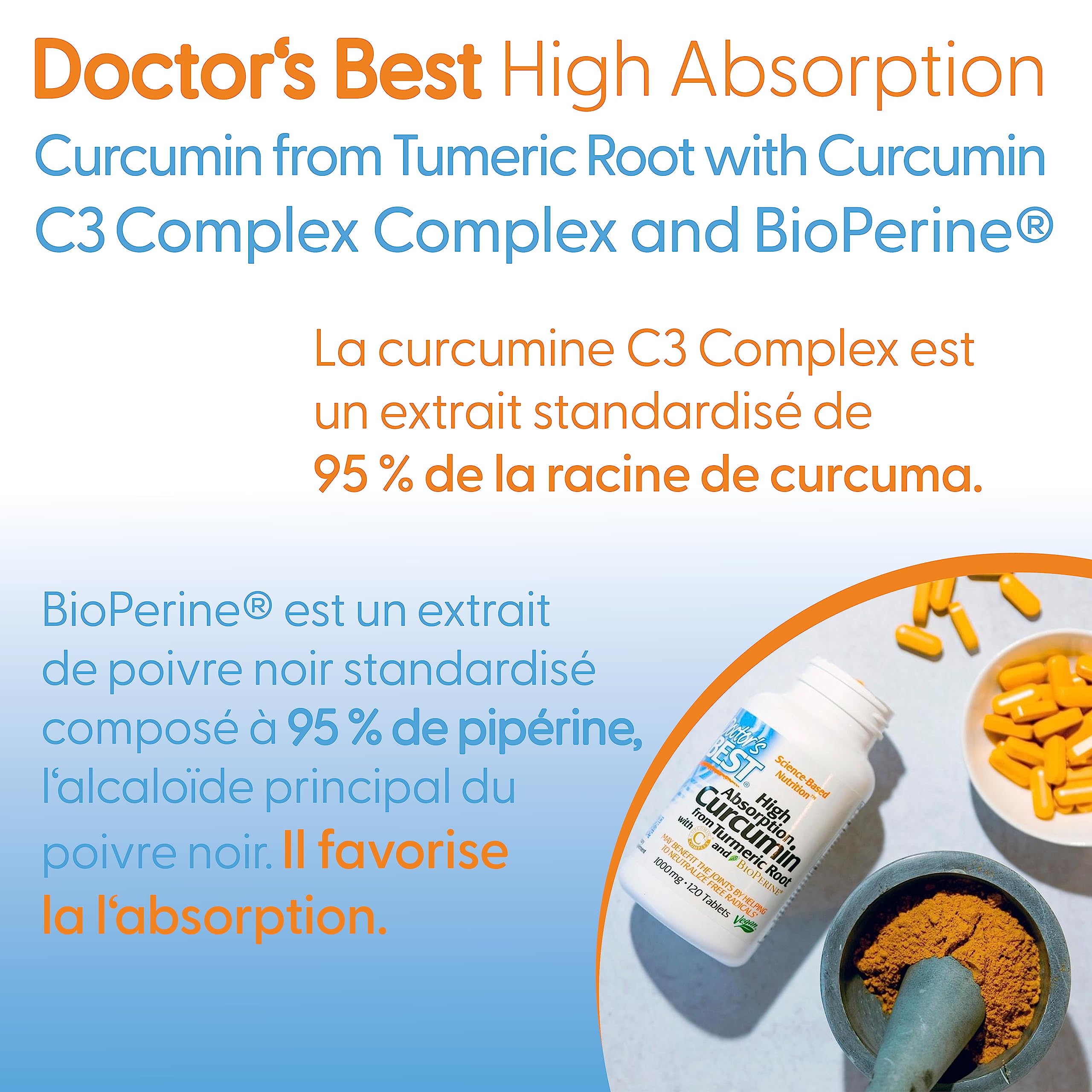 Doctor's Best, High Absorption Curcumin (Curcumine à Haute Absorption), 1.000mg, 120 Comprimés végétaliens, Testé en Laboratoire, Curcuma, Sans gluten, Sans Soja, Végétarien