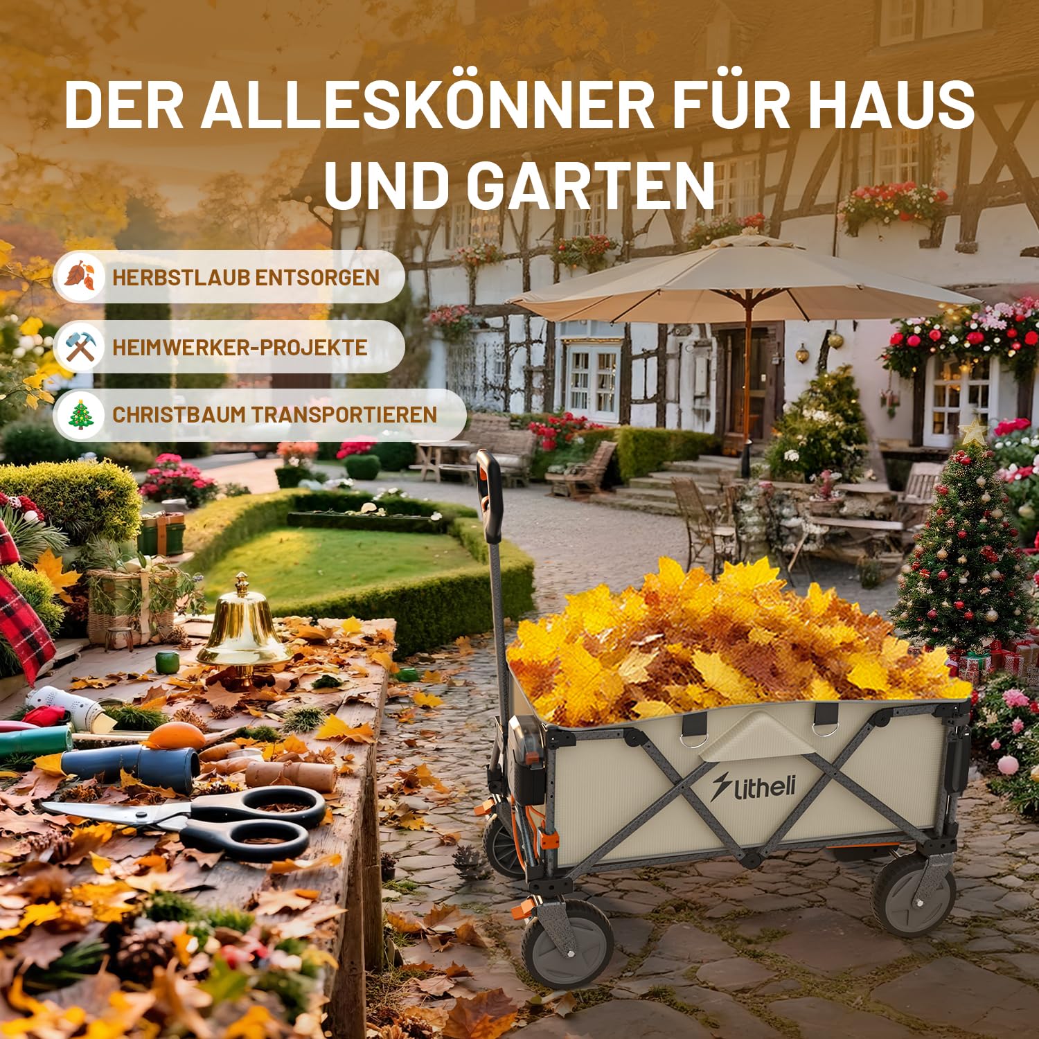 Litheli Carrello Elettrico, Carrello Pieghevole con Ruote Portatutto da 20cm, Capacità 200L, Carico di 60kg, 2 Freni, Adatto per Campeggio, Giardino, Spesa (2 Batterie)