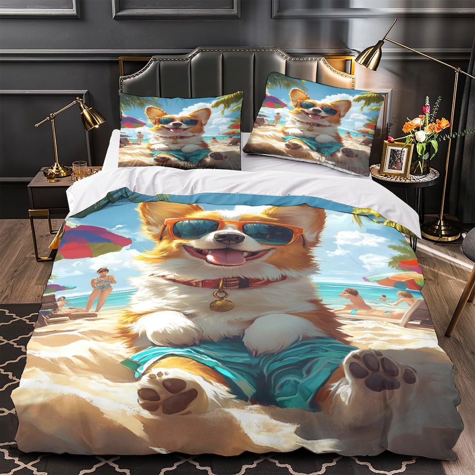Housse de Couette 3 pièces Corgi 3D Imprimé Microfibre Lavable Respirant Adolescents Adultes