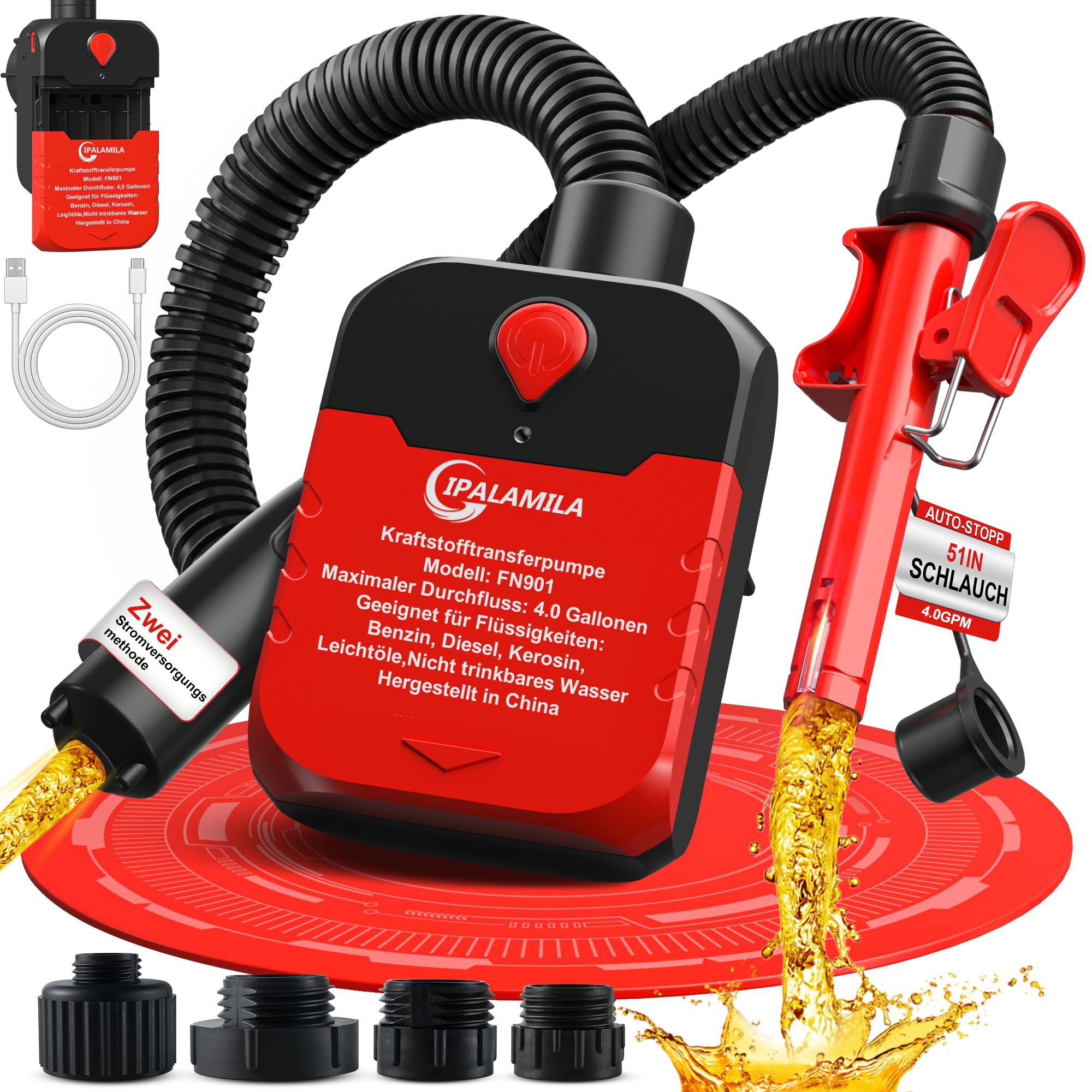 Kraftstoffpumpe mit Auto-Stopp-Sensor,4.0GPM (15L/min) Benzinpumpe Für Kanister,Aufladbare tragbare Dieselpumpe,Multifunktions-Flüssigkeitsförderpumpe für Benzin,Diesel und Öl,mit 4 Adaptergröß (Rot)