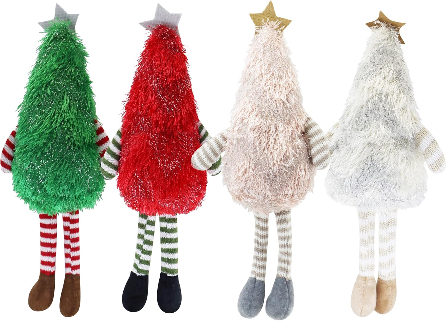 4-Pack Christmas Tree Plush Dolls, Festive Stuffed Figurines with Striped Legs & Star Toppers for Holiday Decor
