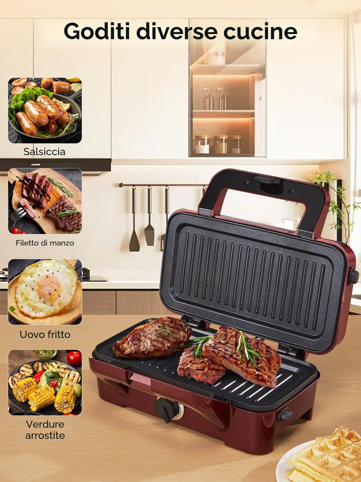 Macchina per sandwich 3 in 1 - Tostapane per sandwich - 1200 W con controllo della temperatura a 5 velocità - Per waffle belgi - Rivestimento antiaderente - Perfetto per la colazione, Rosso
