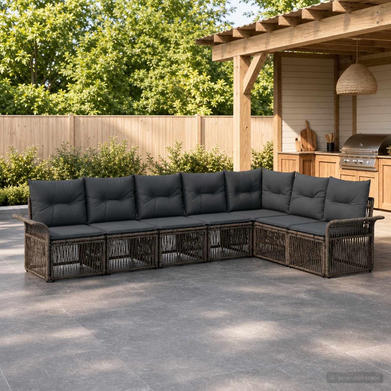 Conjunto de sofás de jardín 7 uds. Gris ratán sintético, Conjuntos de jardín, 54.43 kg-3434840